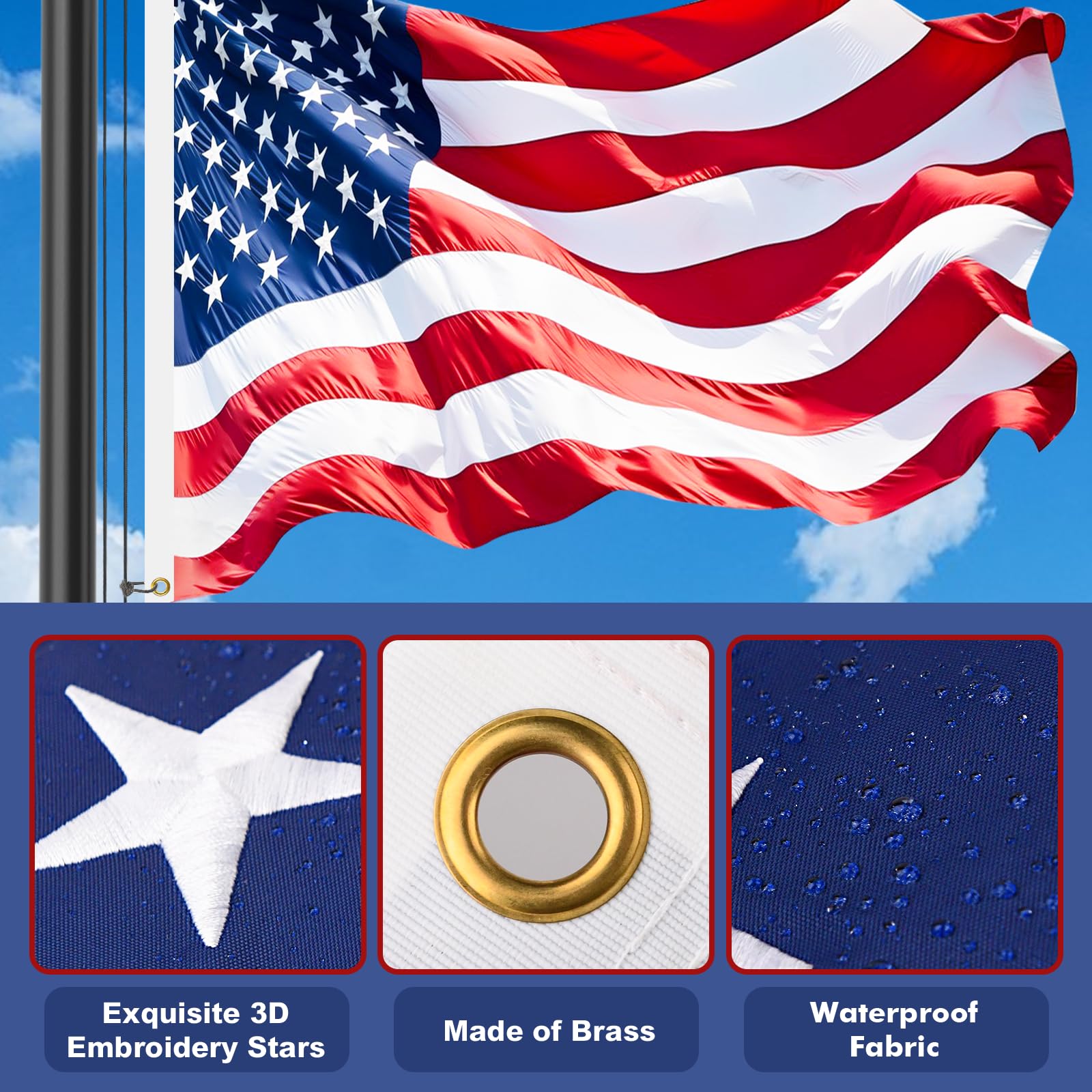 Upgraded 10 Gauge 20FT Heavy Duty Flag Pole Kit with 136 LED Solar Light, Extra Thick Flagpole for Outside House in Ground, Bottom 3 mm Thick & Width 3.35 in, 120MPH Wind Rated