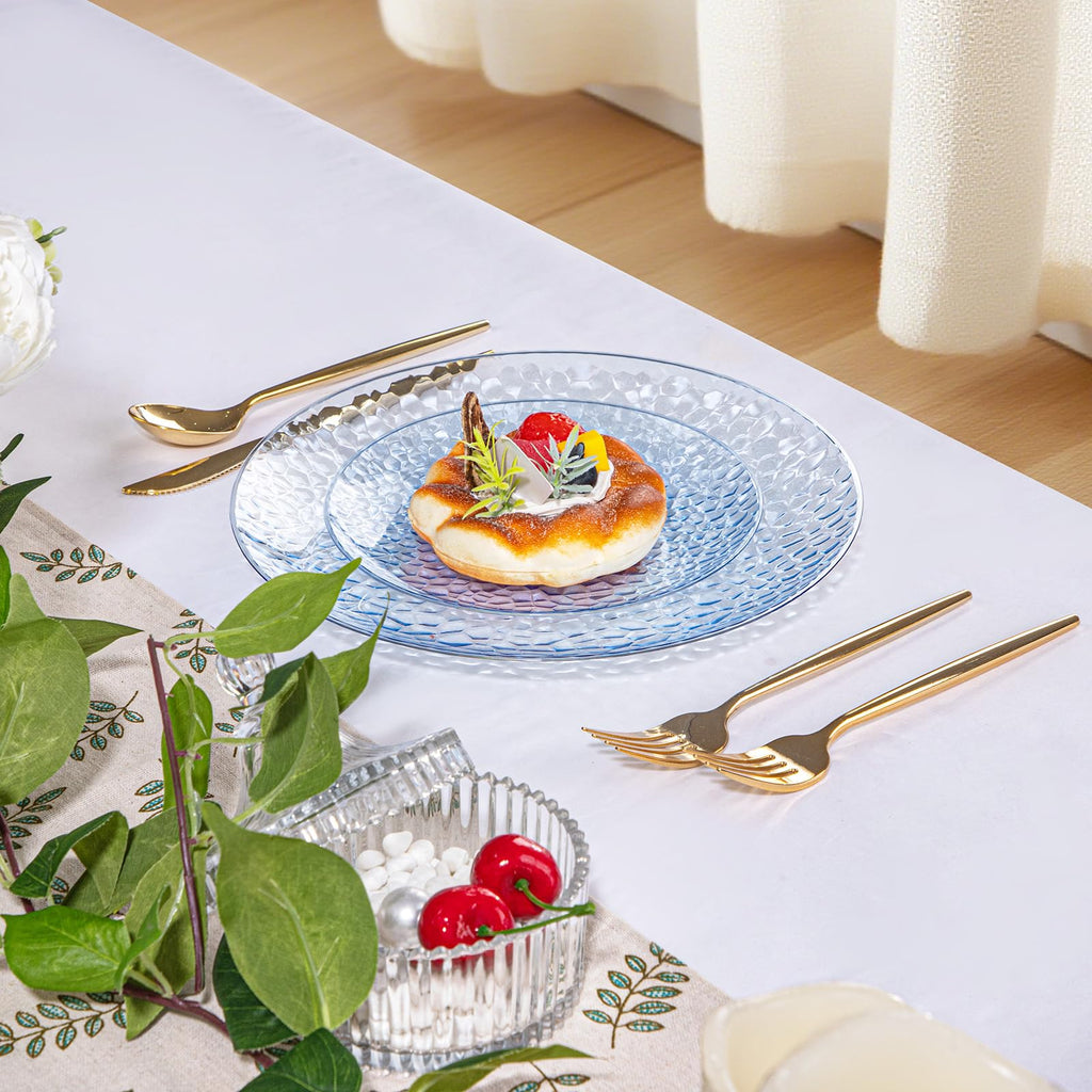 Rubtlamp 100Pcs Amber Gold Plastic Plates, Disposable Plates With Gold Rim, Heavy-duty Party Platos, Hammered Plastic Plates Include 50 Clear Dessert Plates, 50 Dinner Plates for Party