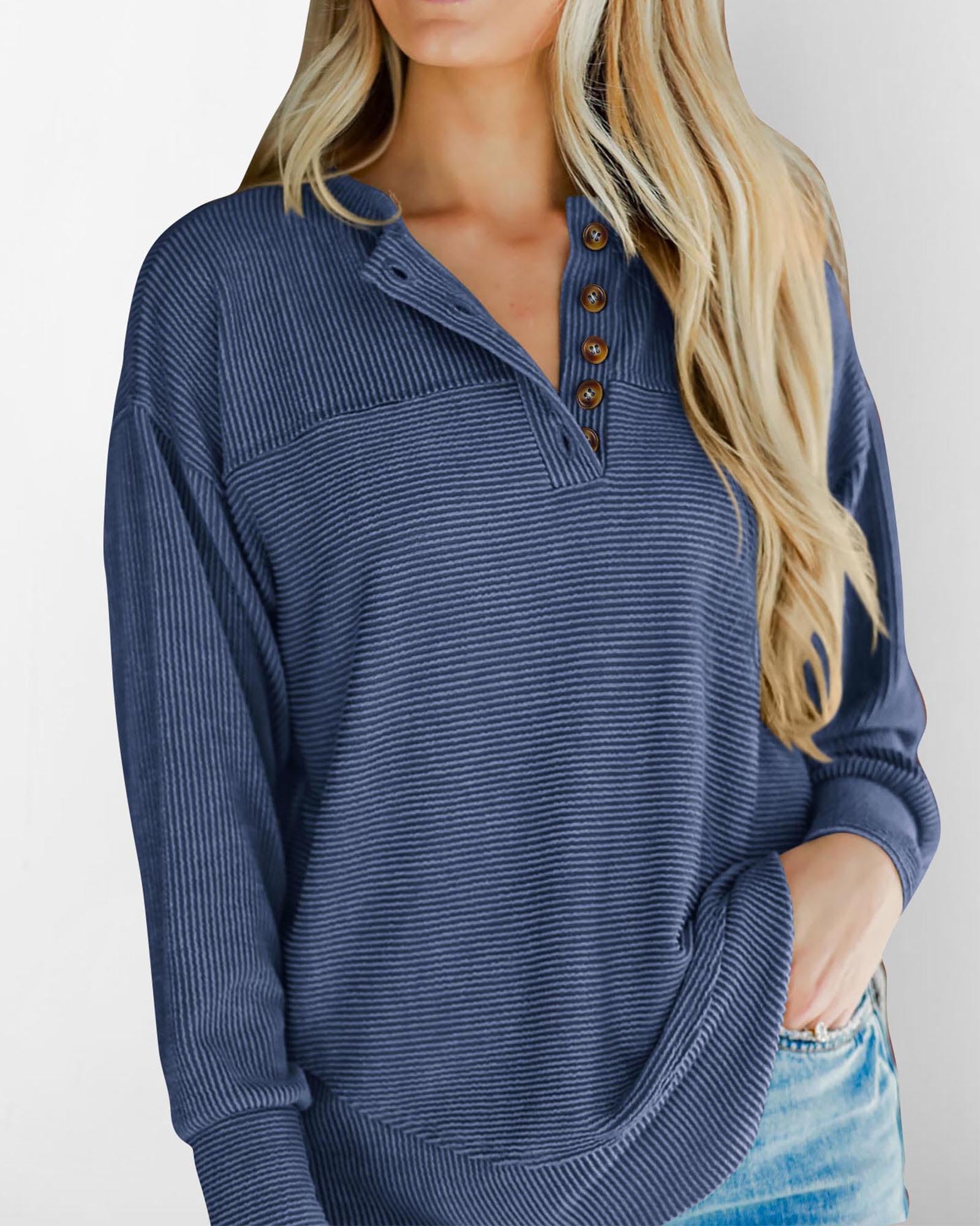 KIRUNDO Going Out Tops for Women Henley Shirts 2025 Casual Ribbed Knit Long Sleeve Tunic Summer Fall Button V Neck Blouse