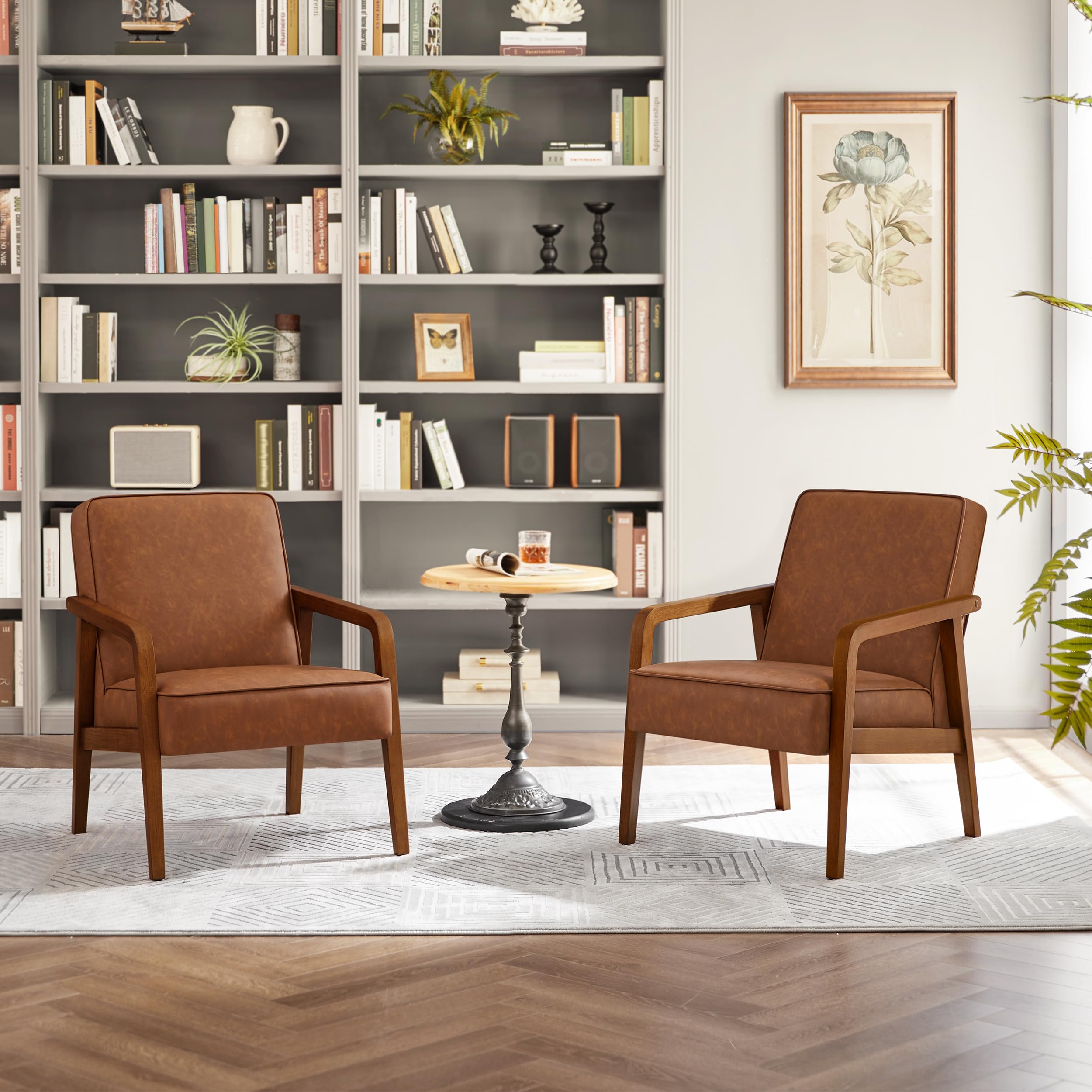 Yaheetech Accent Chair, PU Leather Reading Chair, Mid Century Modern Arm Chair with Solid Wood Frame for Living Room Bedroom Waiting Room, 2 Pieces, Black