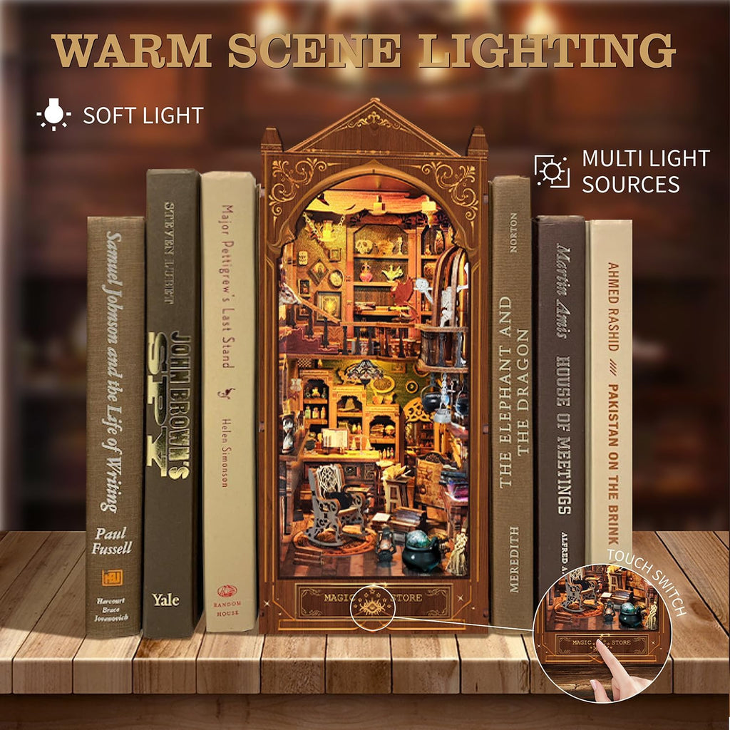 Book Nook Kit, Magic Store Dollhouse Booknook Bookshelf Insert Decor Alley DIY Miniature House Kit with Led Light Crafts for Adults to Build-Creativity Model Gift