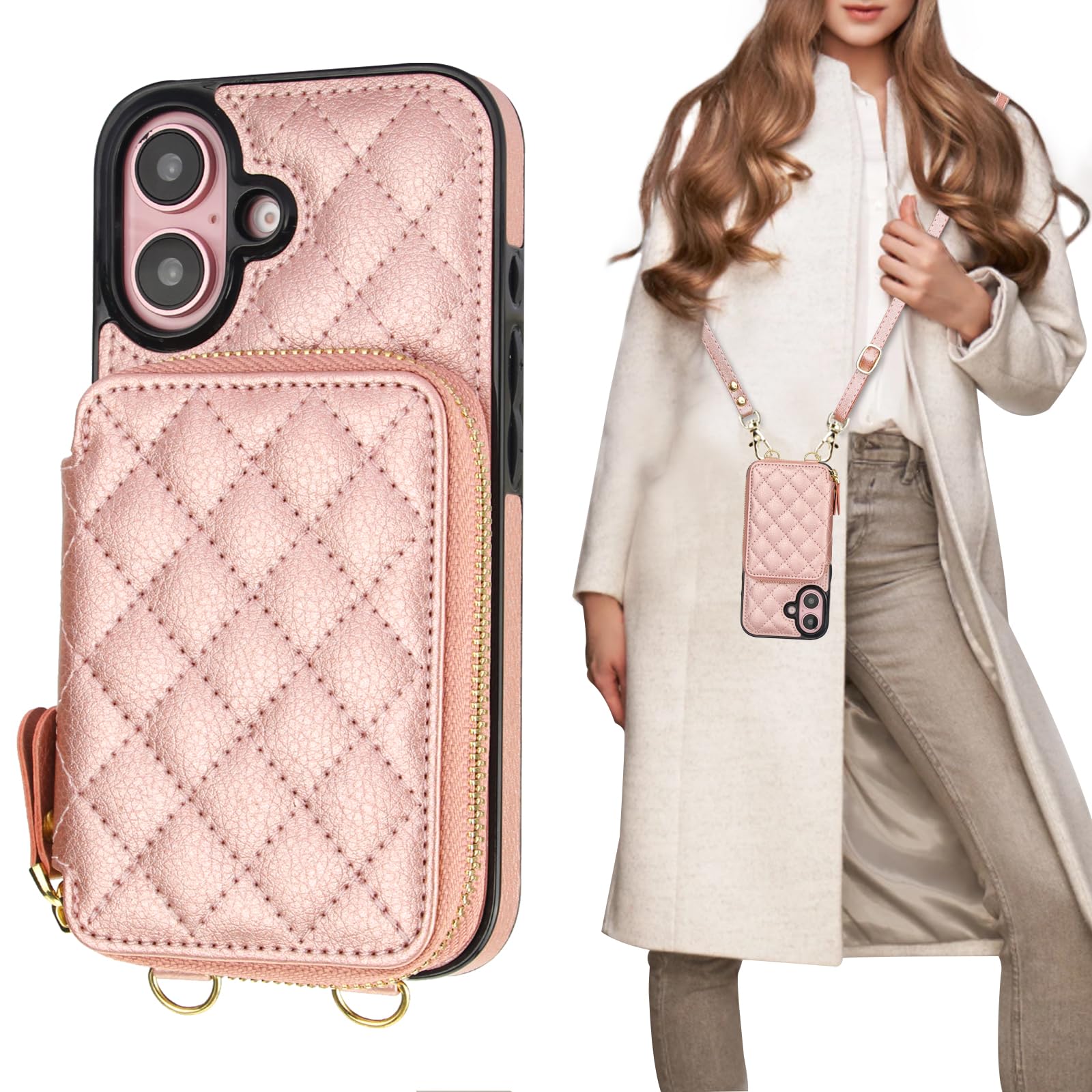 Bocasal Crossbody Wallet Case for iPhone 16, RFID Blocking PU Leather Zipper Handbag Purse Flip Cover, Kickstand Folio Case with Card Slots Holder Wrist Strap Lanyard 5G 6.1 Inch (Black)