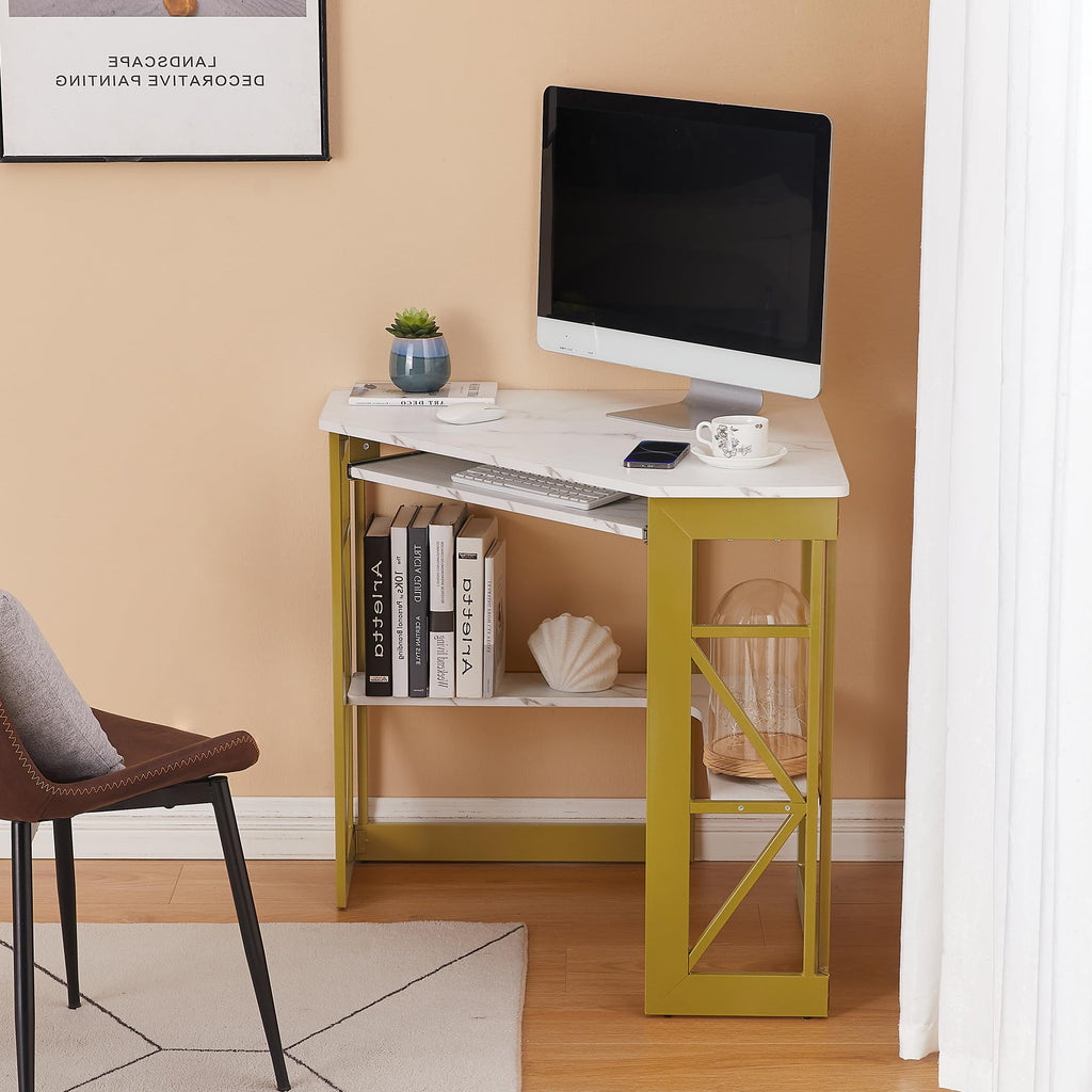 VECELO Corner Desk Computer Desk Writing Table with Smooth Keyboard Tray & Storage Shelves,Compact Home Office Triangle Table,Antique Brown