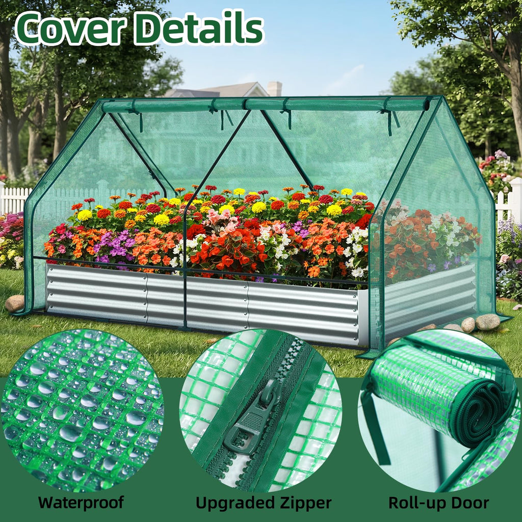 Ohuhu 8x4x1 FT Raised Garden Bed with Cover, 3-in-1 Galvanized Metal Planter Box with Greenhouse for Outdoor Plants, Dual-Side Access for Easy Plant Care, All-Season Frost & Pest Protection
