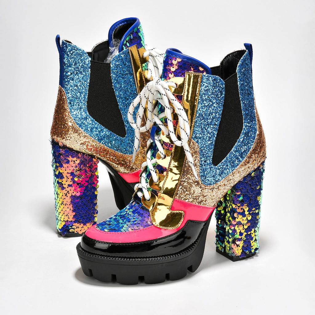 Cape Robbin Nell Heeled Boots for Women Sparkly Sequin Platform Chelsea Boots Women - Chunky Block Heels with Sequined Tongue and Heel - Stylish Glitter Ankle Boots for Women