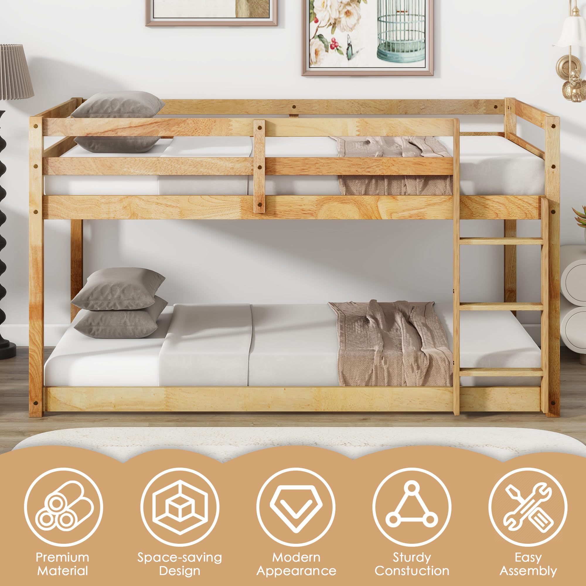 Bunk Bed Twin Over Twin, Wood Low Profile Floor Twin Bunk Beds with Headboard Ladder Guardrails for Kids Boys and Girls, No Box Spring Needed