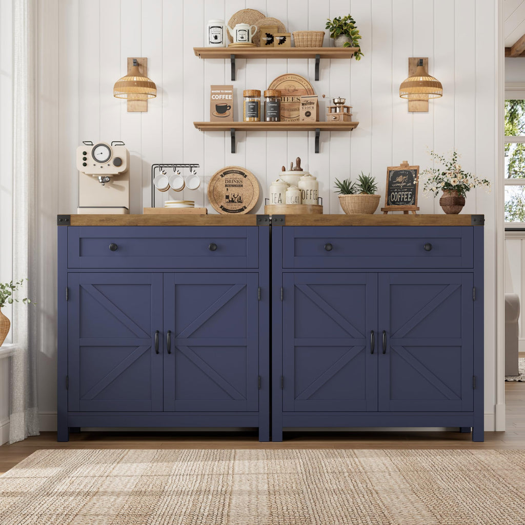HOSTACK Coffee Bar Cabinet, Kitchen Storage Cabinet, Modern Farmhouse Buffet Sideboard with Drawer and Adjustable Shelf, Barn Door Accent Cabinets for Kitchen, Dining Room, Entryway, Ash Grey