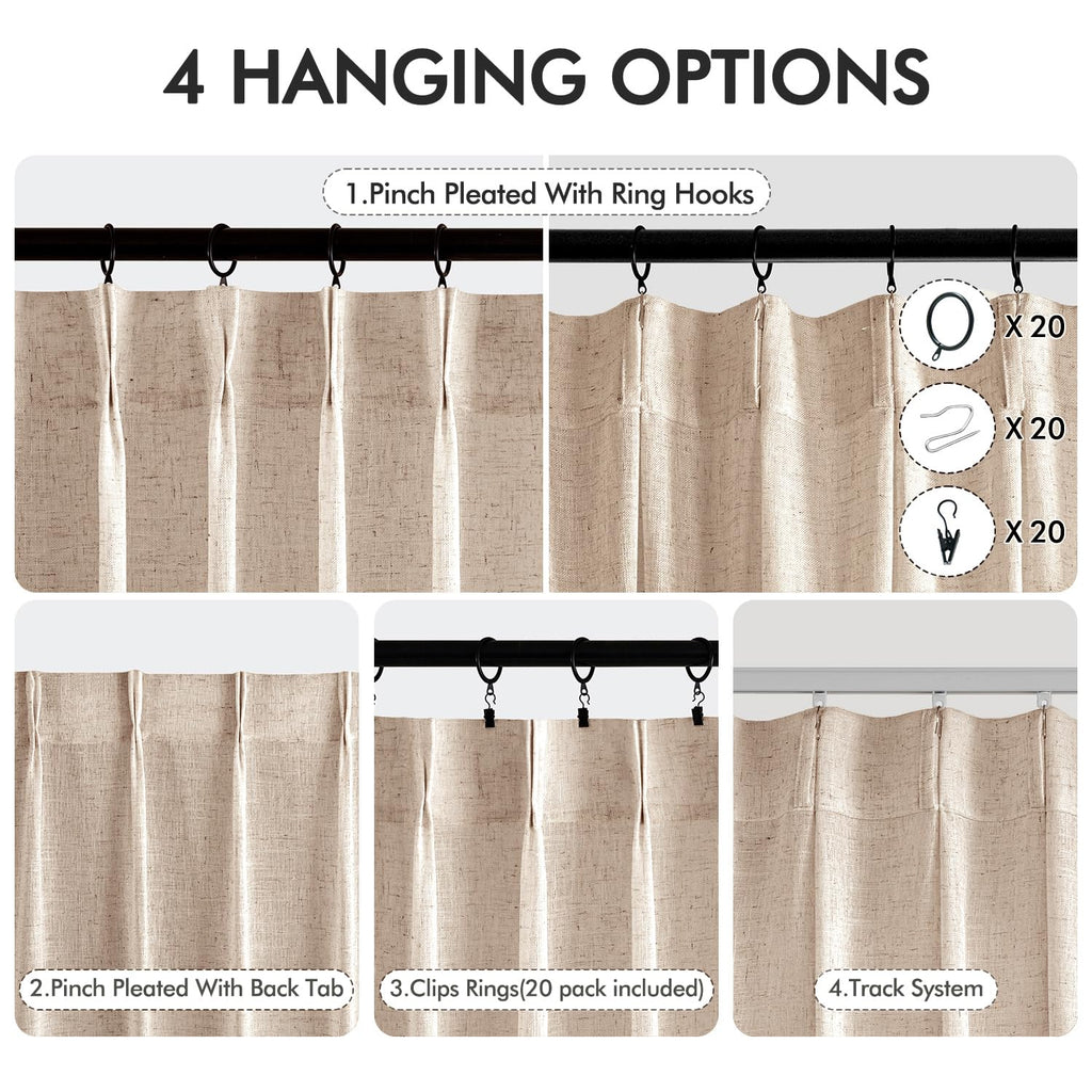 MIULEE Pinch Pleated Linen Curtains 84 Inches Long 2 Panels for Bedroom Living Room, Soft Thick Linen Textured Window Drapes Back Tab Hooks Semi Sheer Light Filtering Farmhouse，Beige