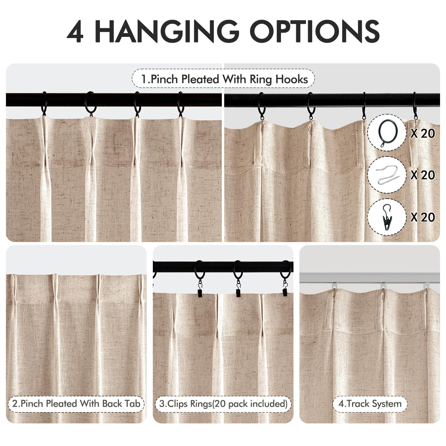 MIULEE Pinch Pleated Linen Curtains 84 Inches Long 2 Panels for Bedroom Living Room, Soft Thick Linen Textured Window Drapes Back Tab Hooks Semi Sheer Light Filtering Farmhouse，Beige
