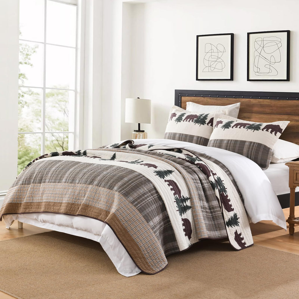 Y-PLWOMEN 100% Cotton Farmhouse Plaid Lightweight 3-Pieces Quilt Set (Blue Brown, Queen90 * 98 Inch)