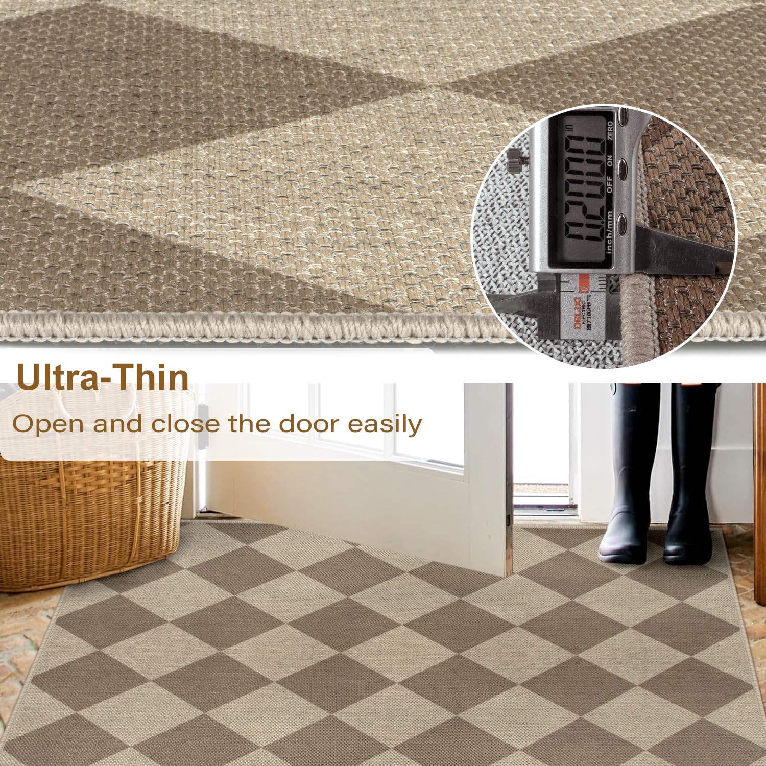 Rugalia Easy Jute Checkered Entryway Rug, 2x3 Black Modern Indoor Outdoor Doormat, Washable Non-Slip Neutral Small Kitchen Rug Farmhouse Diamond Throw Rugs for Entrance Bedroom Bathroom