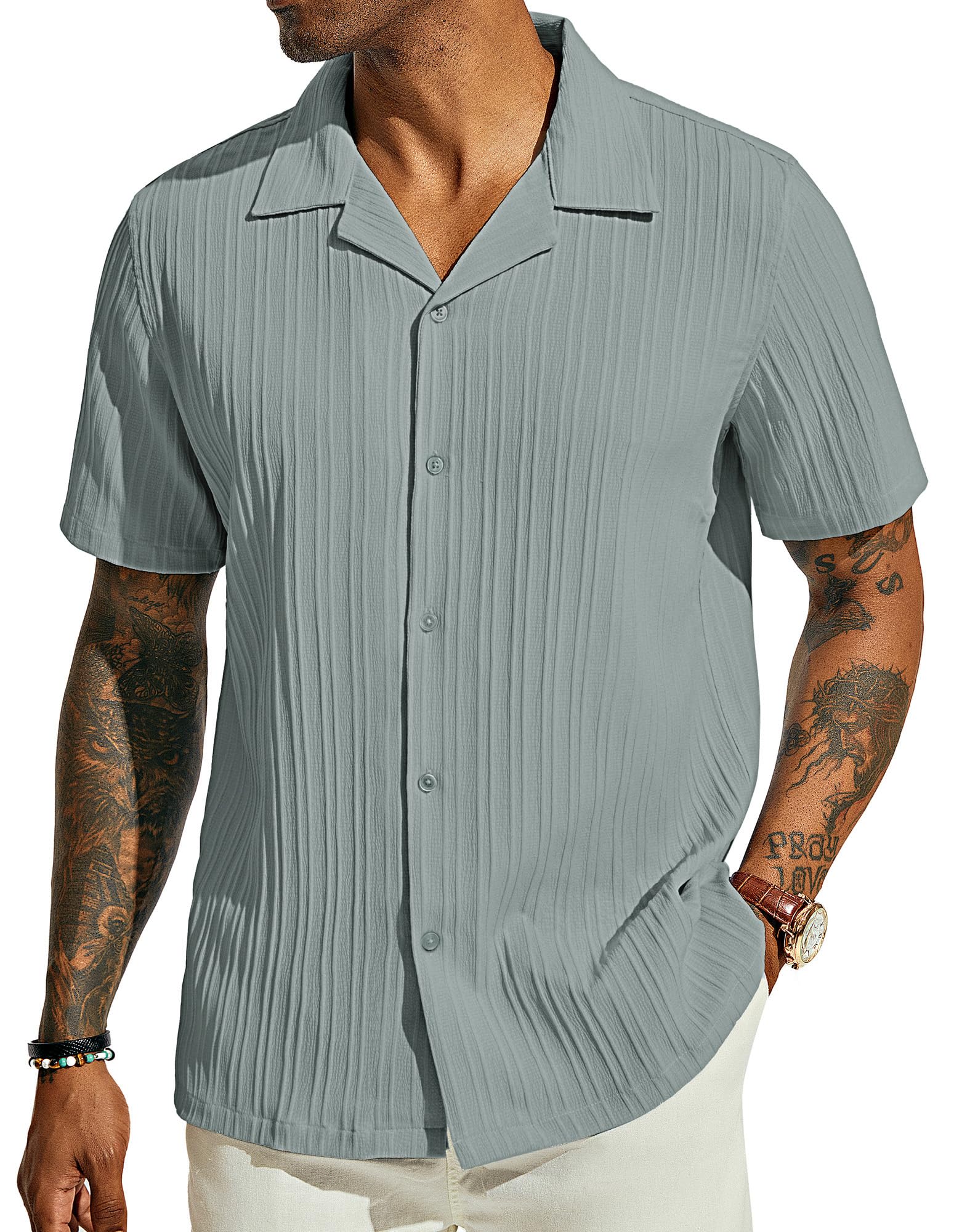 PJ PAUL JONES Men's Casual Button Down Shirts - Short Sleeve Summer Textured Beach Wrinkle-Free Shirts