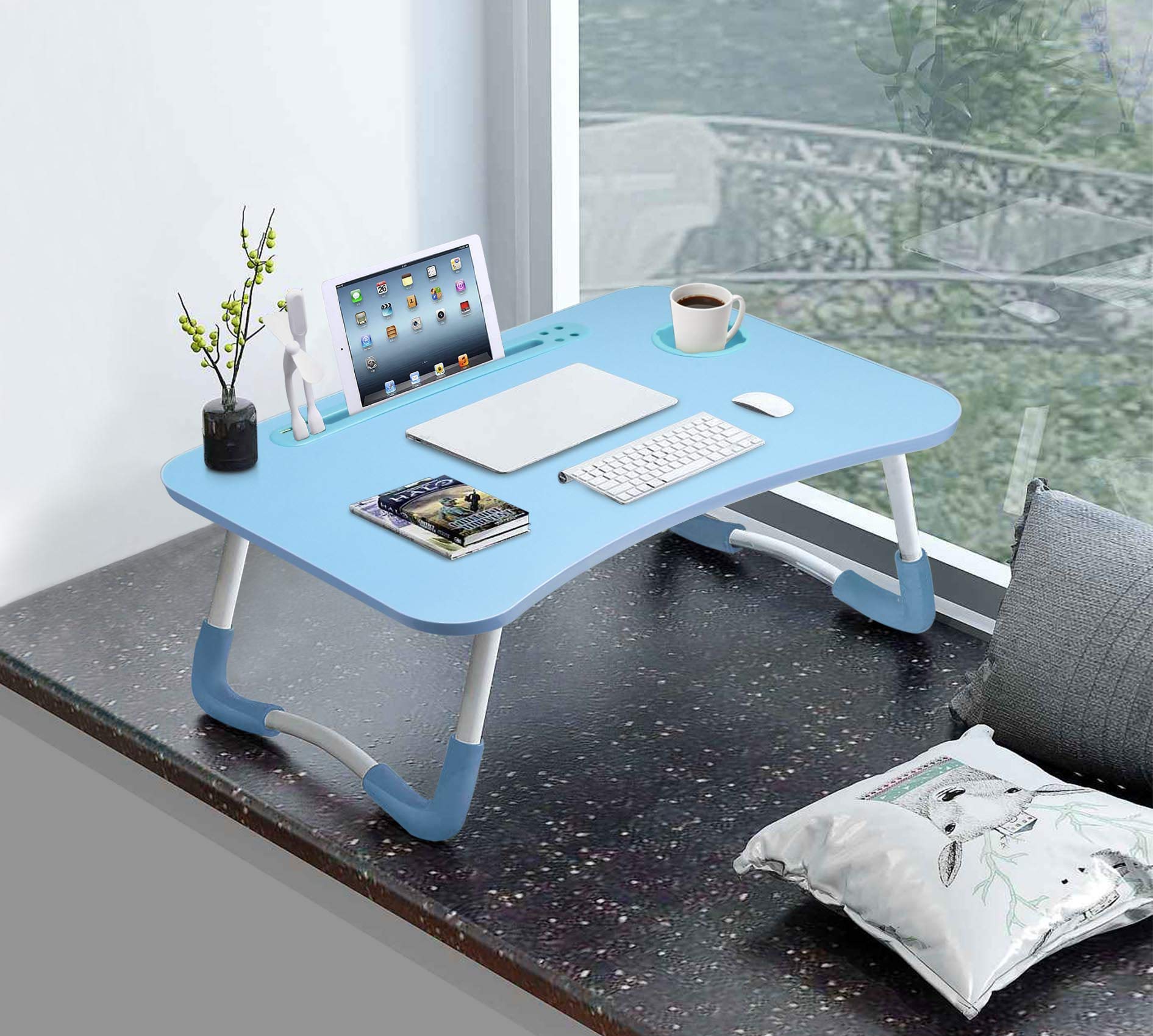 Slendor Lap Desk with Cup Holder, Foldable Laptop Table for Bed, Portable Bed Desk for Laptop and Writing, Computer Tray with Tablet Slot, Notebook Stand Reading Holder for Couch Sofa Floor,Black