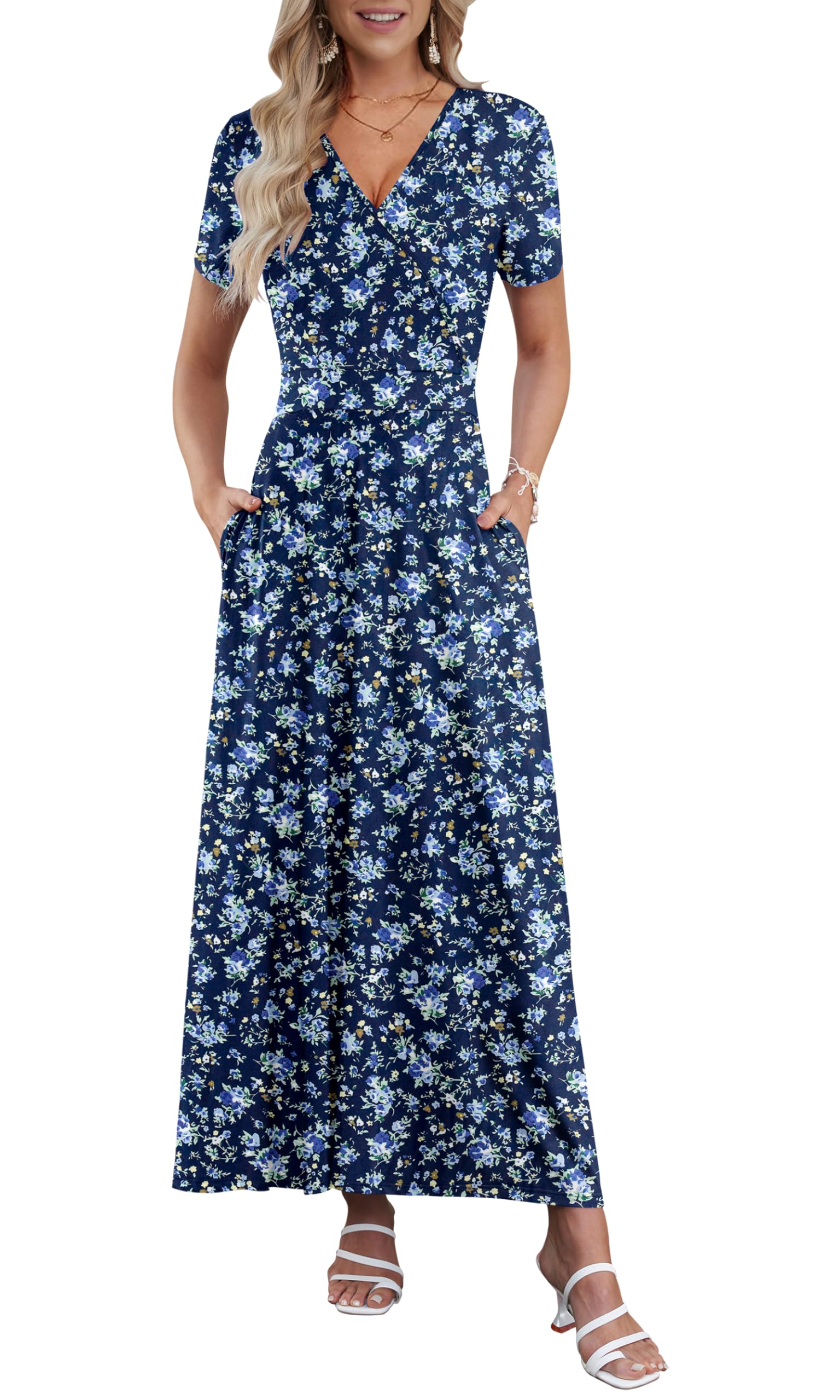 AUSELILY Maxi Dresses for Women Ankle Length Floral Print Beach Long Flowy Dress with Pockets