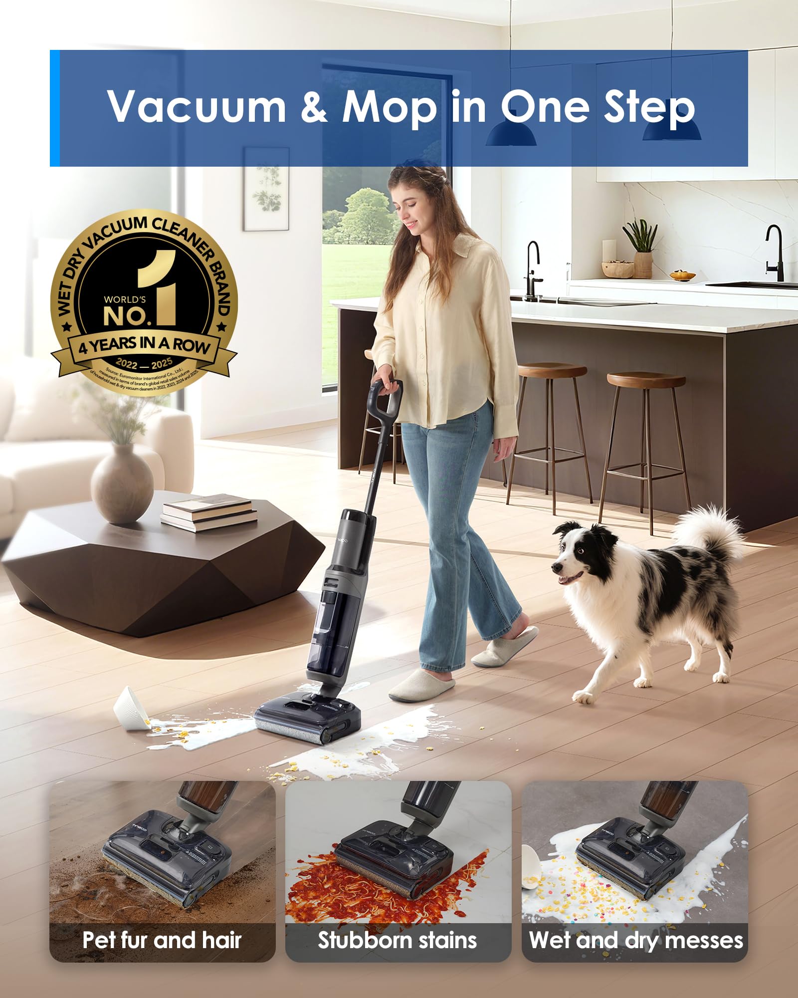 Tineco Floor ONE i5 Stretch Wet Dry Vacuum Cleaner, Vacuum & Mop in One Step, 20kpa Powerful Suction, 180° Lay-Flat Design, Anti-Tangle Design, Dual-Sided Edge Cleaning, Up to 30* Minutes Runtime