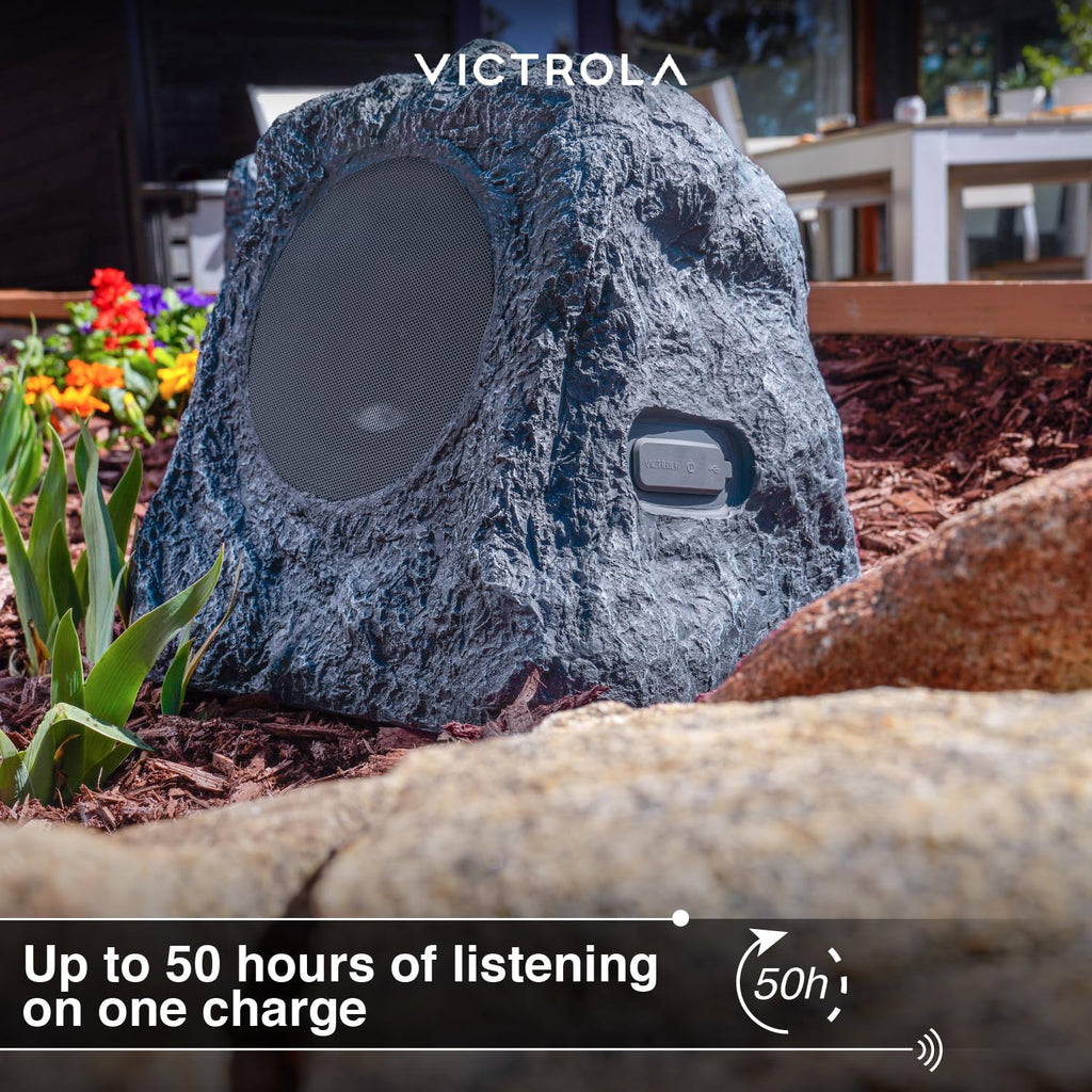 Victrola Outdoor Rock Speaker (Pair) – IPX4 Rechargeable Outdoor Bluetooth Speakers for Garden, Patio, Built for All Seasons, Wireless Music Streaming (Charcoal)