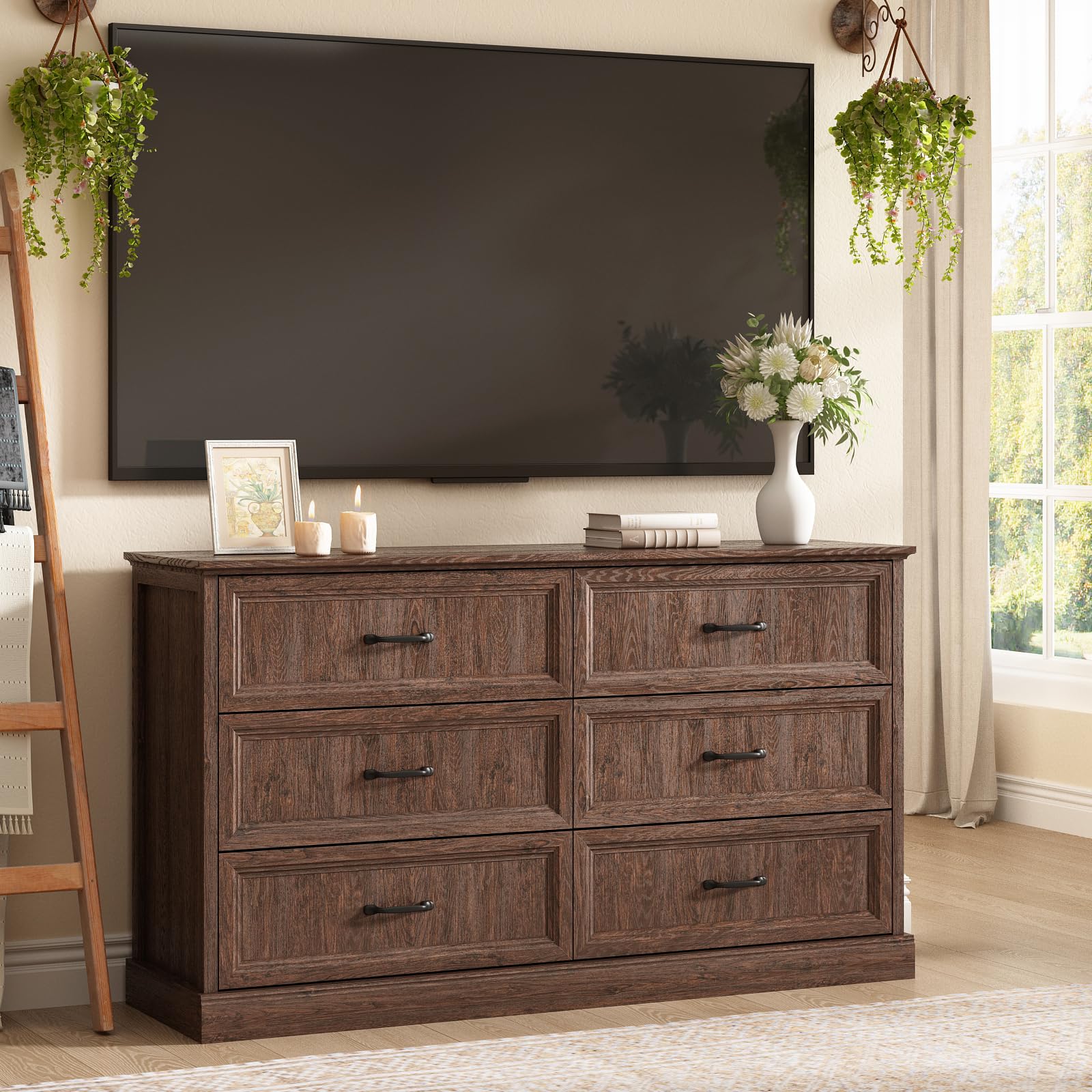 Farmhouse 5 Drawers Dresser for Bedroom, 44" Tall Brown dresser Wood Rustic Chest of Drawers with Wide Metal Handle,Natural Texture,Drawer Organizer for Bedroom,Living Room,Hallway and Entryway