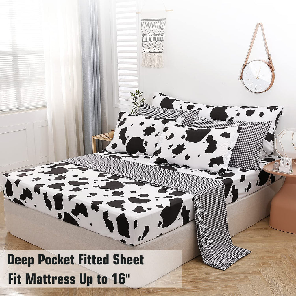 SUCSES Full Size Comforter Set with Sheets 8 Piece Cow Print Bedding Set for Boys Girls Black and White Kids Bed-in-A-Bag Farmhouse Rustic Bed Set for Bedroom (Milk Cow, Full)