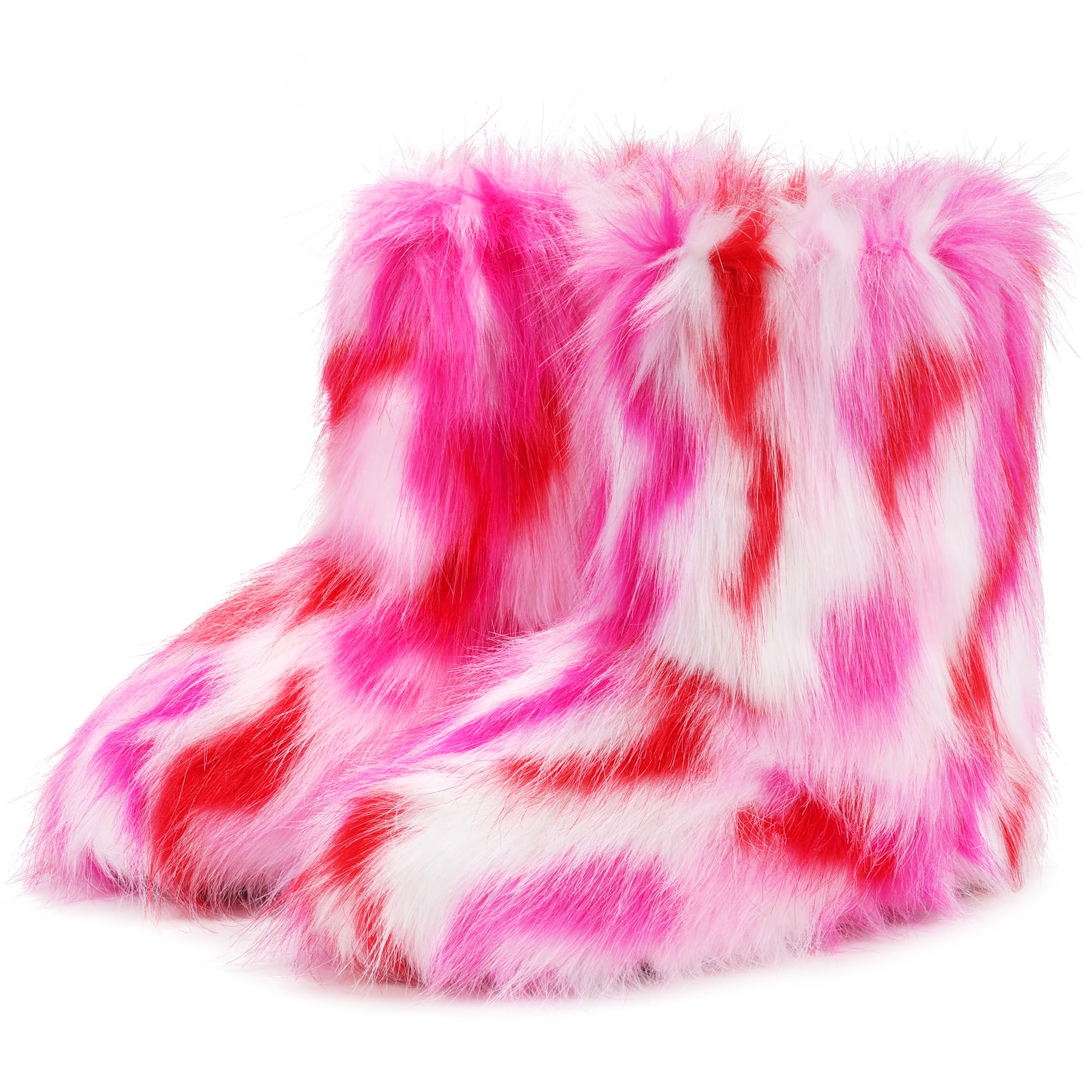 IXU Women's Faux Fur Boot Furry Fluffy Round Toe Suede Snow Winter Women Boots Comfy Plush Warm Short Outdoor Indoor Flat Shoes Mid-Calf Boots