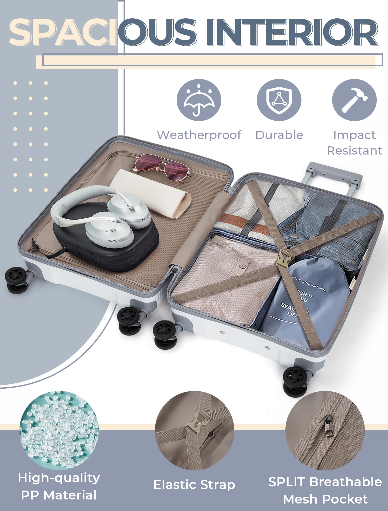 CONCEPTEN Luggage Sets,Suitcases with Wheels, Hardshell Suitcase Set, PP Carry on Luggage Set with TSA Lock, Travel Luggage (Black, Bag Type)