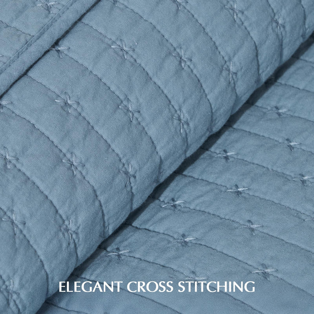 EVERGRACE Cotton Border Frame Tack-Stitch Quilt Bedding Set Queen Size, Coastal Oversized 3 Pieces Lightweight Bedspread Coverlet for All Season, with 2 Matching Shams, Blue Linen