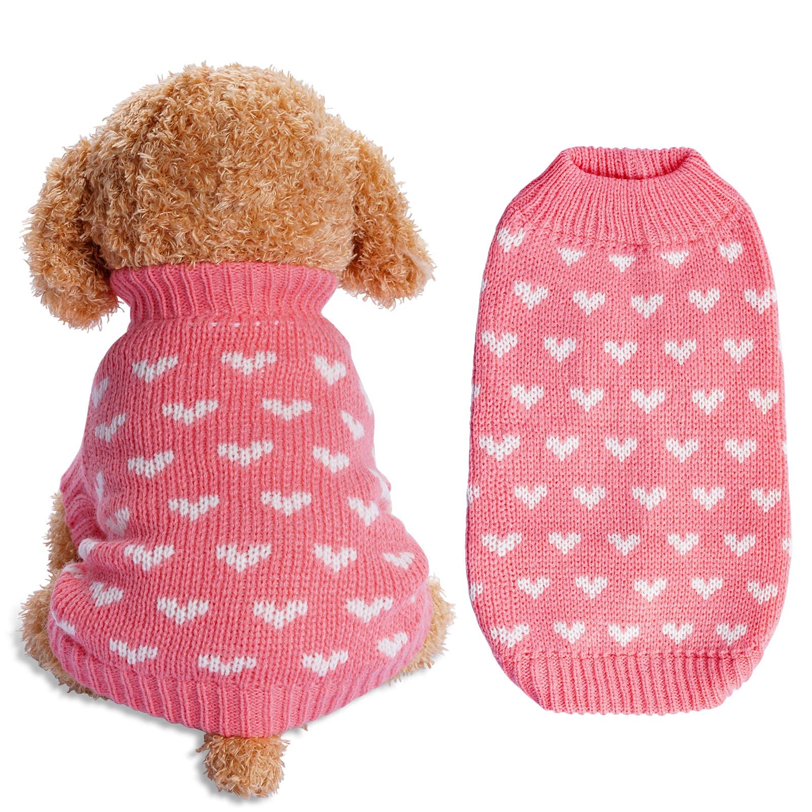 Dxhycc Dog Knitted Sweater Heart Puppy Sweater Warm Soft Pet Holiday Clothes for Small Cats and Dogs (Pink, S)