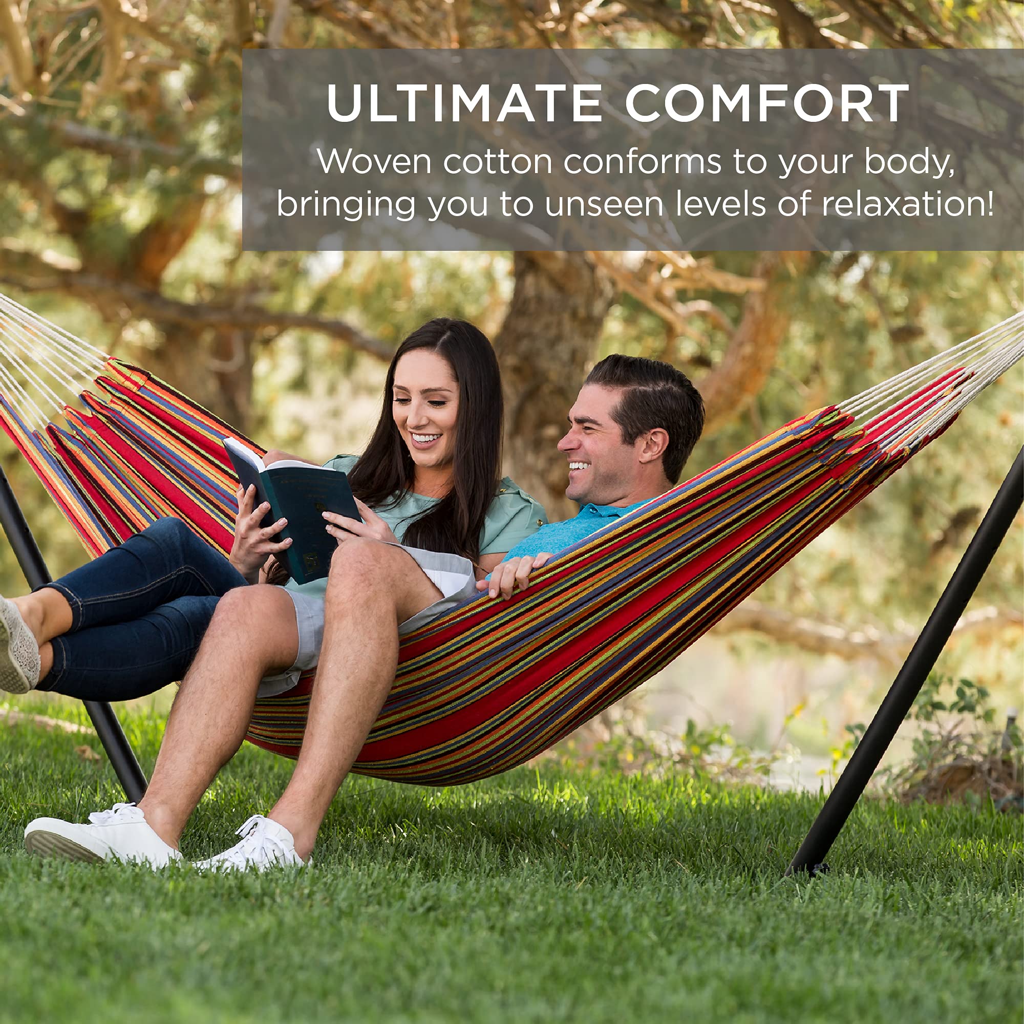 Best Choice Products Double Hammock with Steel Stand, Indoor Outdoor Brazilian-Style Cotton Bed w/Carrying Bag, 2-Person Capacity - Abyss
