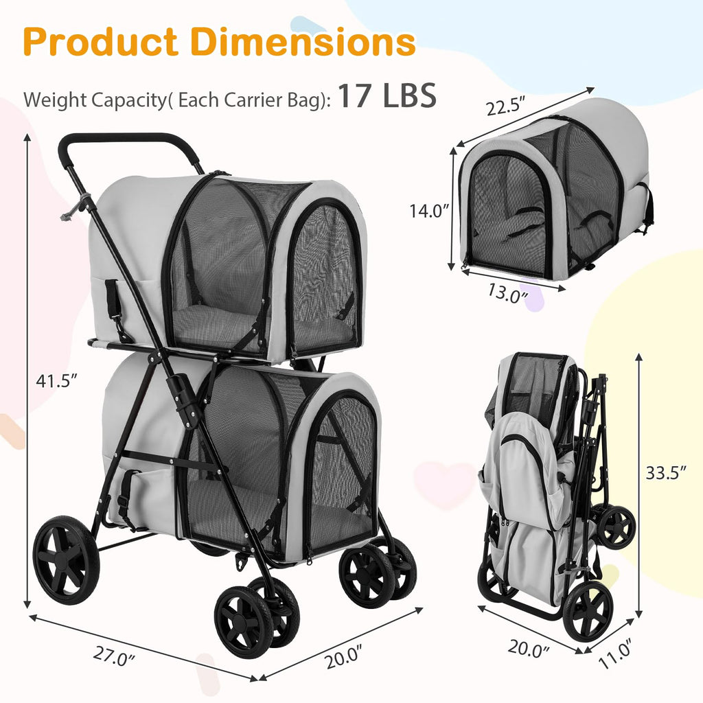 Giantex Double Pet Stroller with 2 Detachable Carrier Bags, Safety Belt, 4 Lockable Wheels, Folding Cat & Dog Stroller for Small Medium Pets, Cats Dogs Puppy Travel Strolling Cart (Beige)