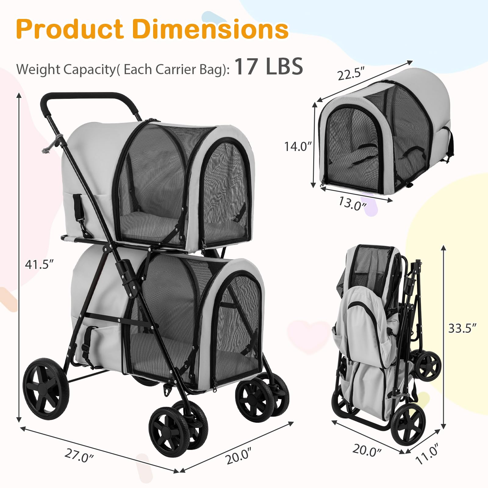 Giantex Double Pet Stroller with 2 Detachable Carrier Bags, Safety Belt, 4 Lockable Wheels, Folding Cat & Dog Stroller for Small Medium Pets, Cats Dogs Puppy Travel Strolling Cart (Beige)