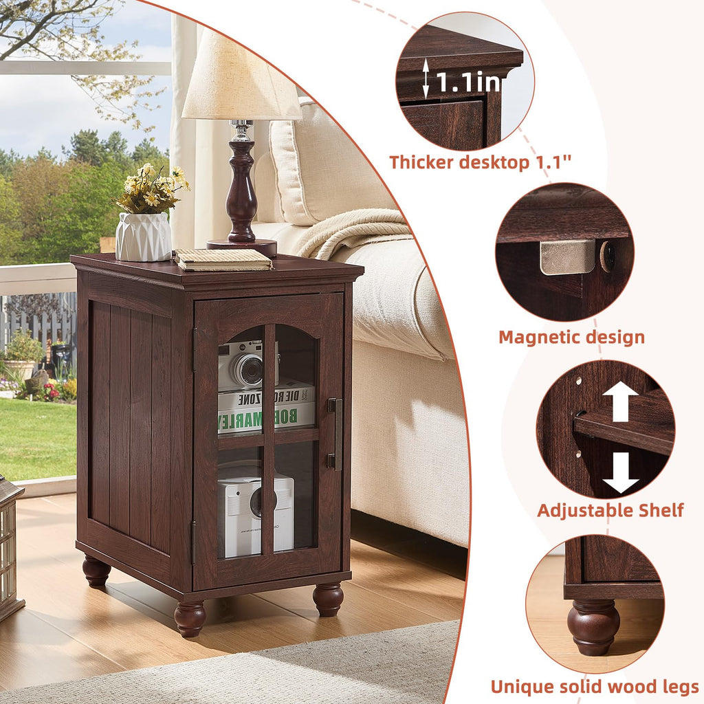 Narrow Side Table,Farmhouse Nightstand with Charging Station,Wood End Table with Glass Barn Door Storage, Cabinet Organizer with Adjustable Shelf, Night Stand for Small Spaces for Living Room Bedroom