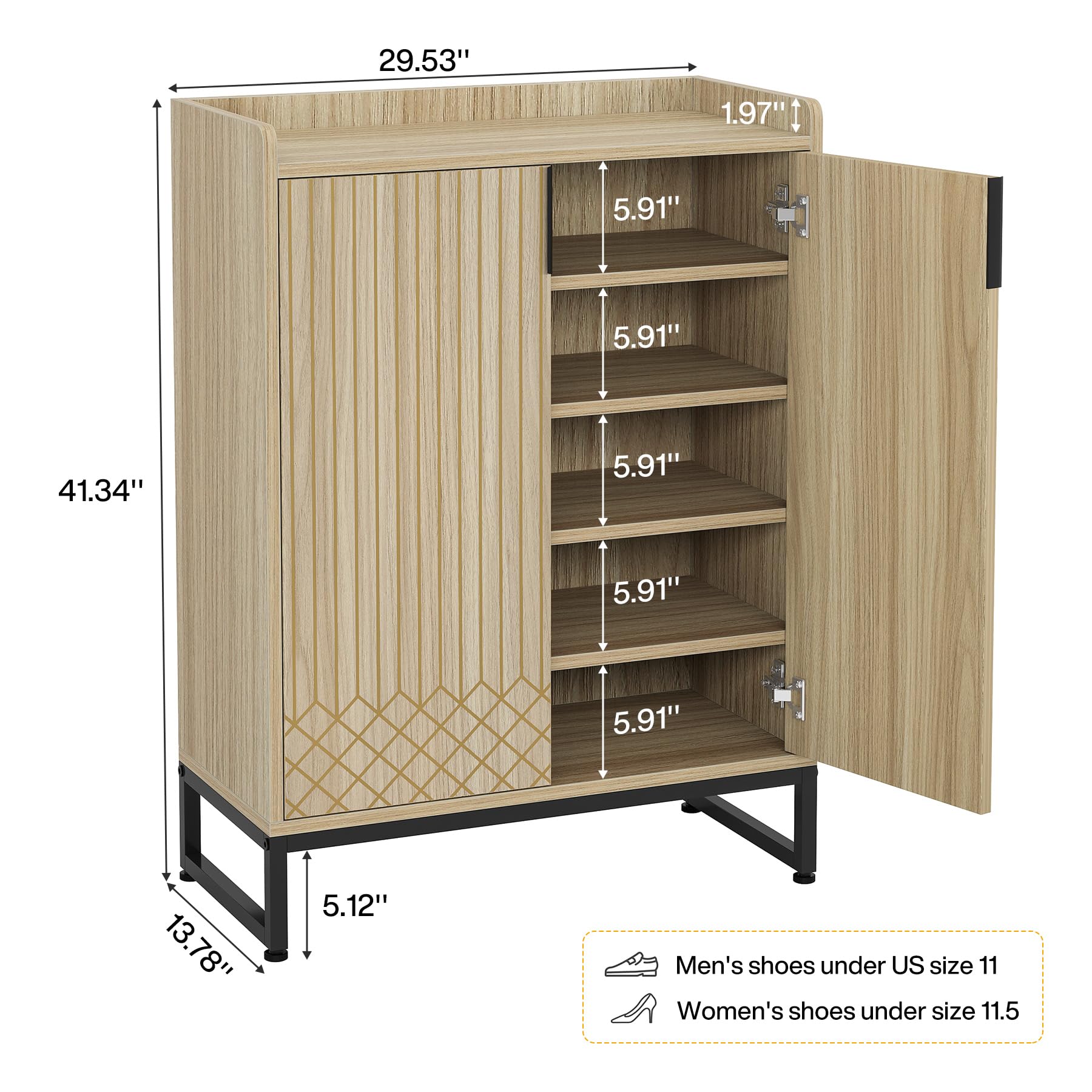 Tribesigns Modern Shoe Cabinet for Entryway, 25 Pairs Shoe Cabinet with Doors, Wood 5-Tier Shoe Organizer, Freestanding Brown Shoe Storage Cabinets with Black Metal Frame for Bedroom Living Room