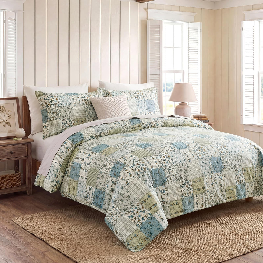 100% Natural Cotton Comforter Set Queen 3 Pcs Grayish Blue Bedding Sets with Luxurious Damask Pattern, Reversible Breathable Soft Comforter Sets for All Season