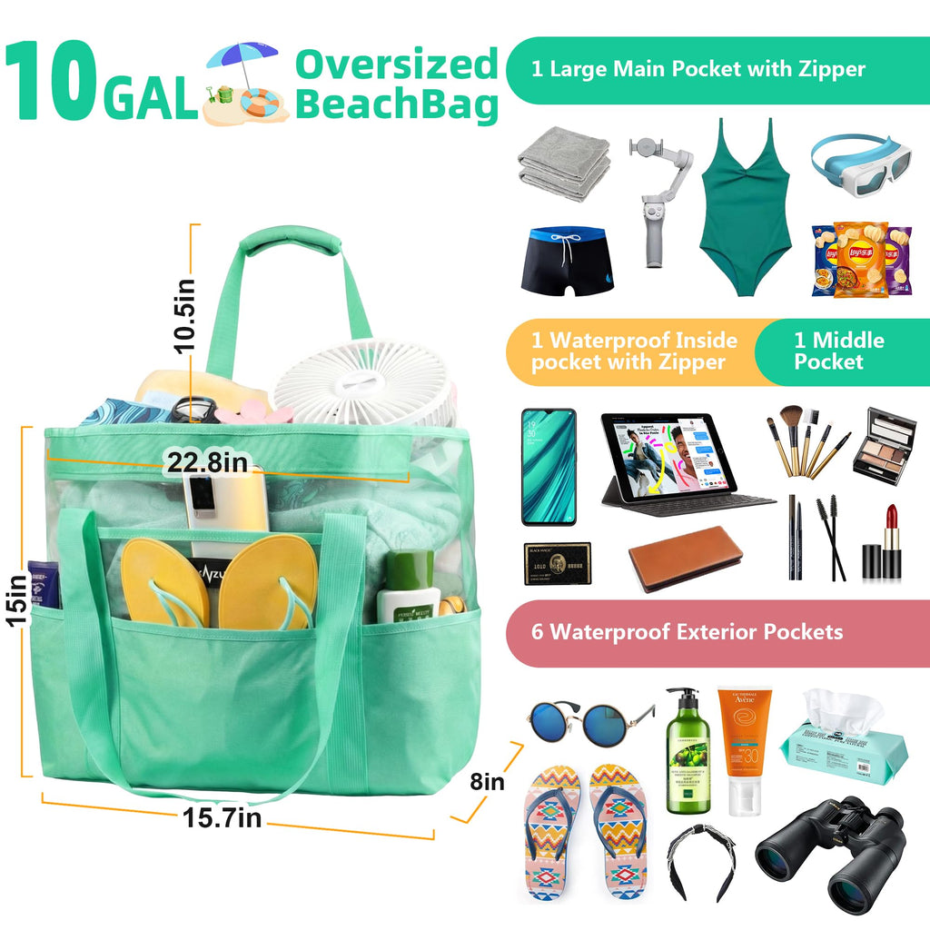 Mesh Beach Bag - Large Waterproof Beach Tote Bag with Zipper, Oversized Foldable Lightweight Family Swim Bag Vacation