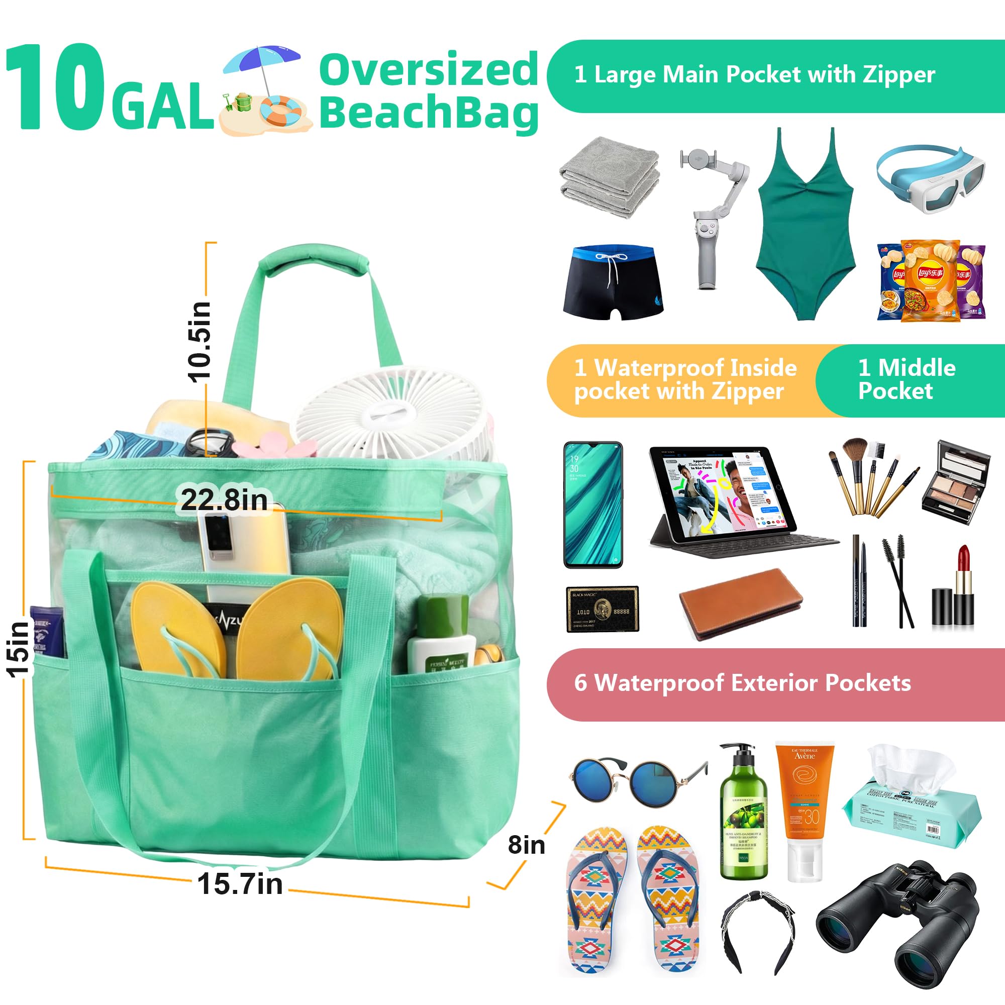 Mesh Beach Bag - Large Waterproof Beach Tote Bag with Zipper, Oversized Foldable Lightweight Family Swim Bag Vacation