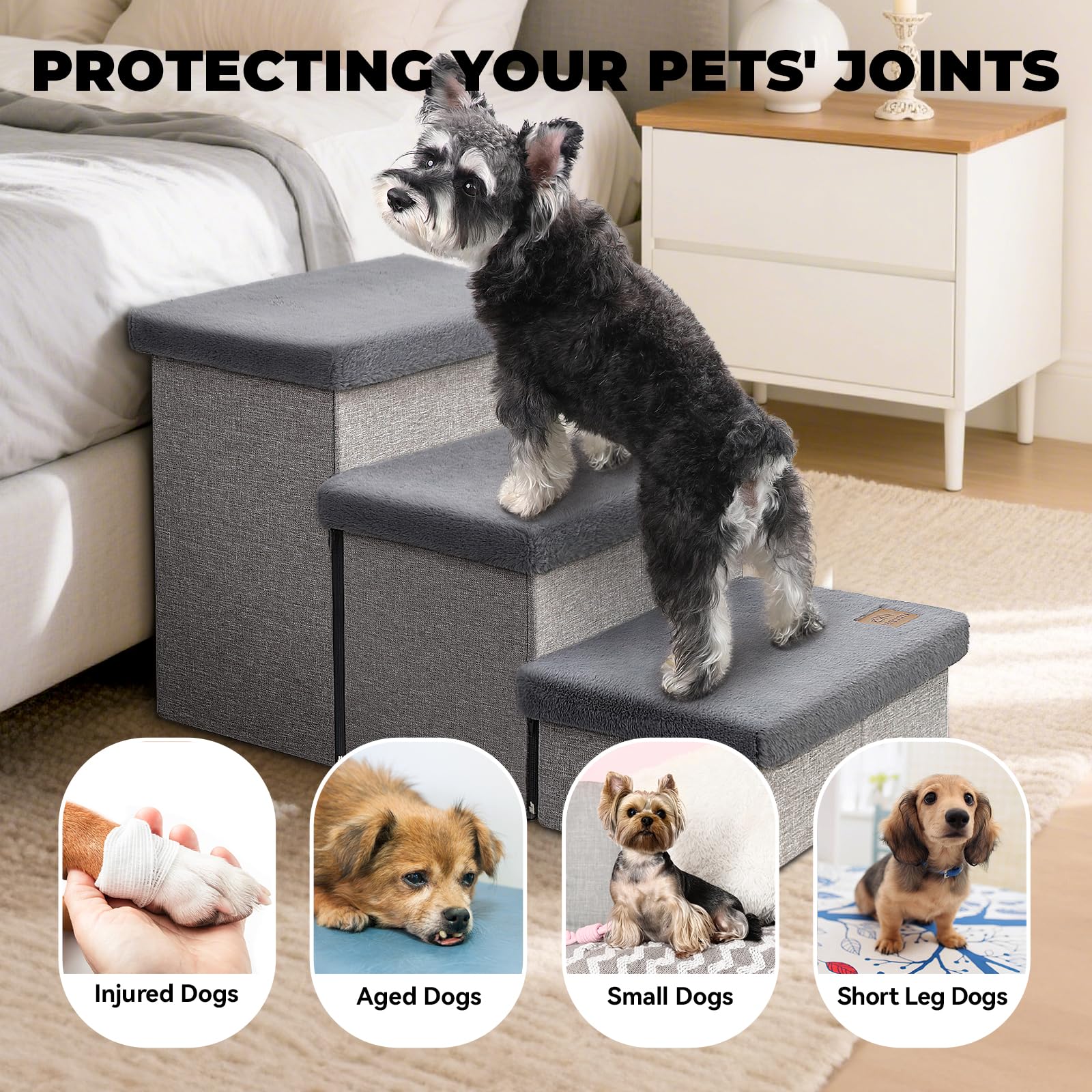 Zerbuger Dog Stairs with Condo 15" H, 2-Step Wider Dog Steps for Small/Medium/Large Old Dogs Cats, Folding Sturdy Storage Pet Stairs Climbing Bed Couch, Ramp for Car Hold Up to 150 lbs, Beige