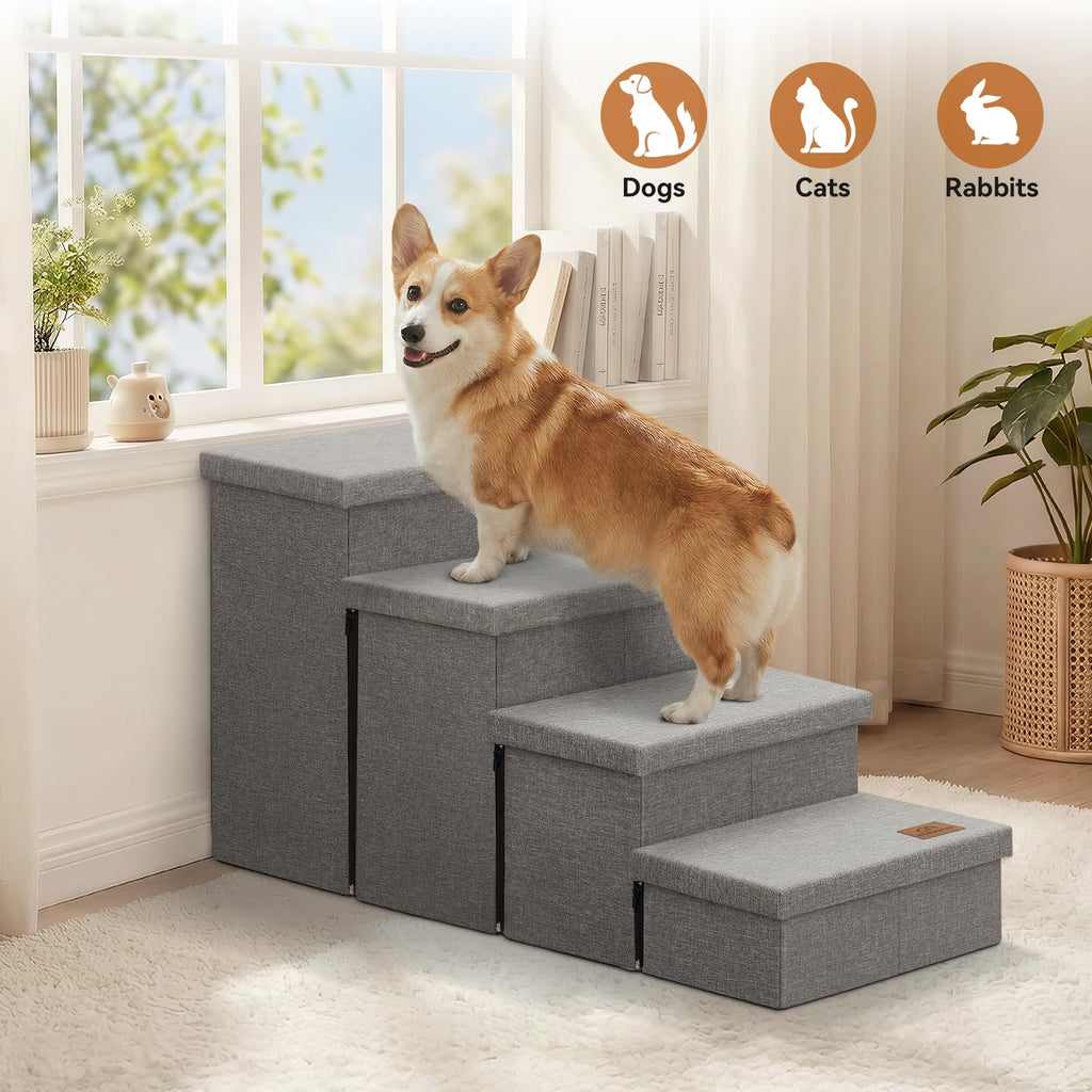 Zerbuger Dog Stairs with Condo 15" H, 2-Step Wider Dog Steps for Small/Medium/Large Old Dogs Cats, Folding Sturdy Storage Pet Stairs Climbing Bed Couch, Ramp for Car Hold Up to 150 lbs, Beige