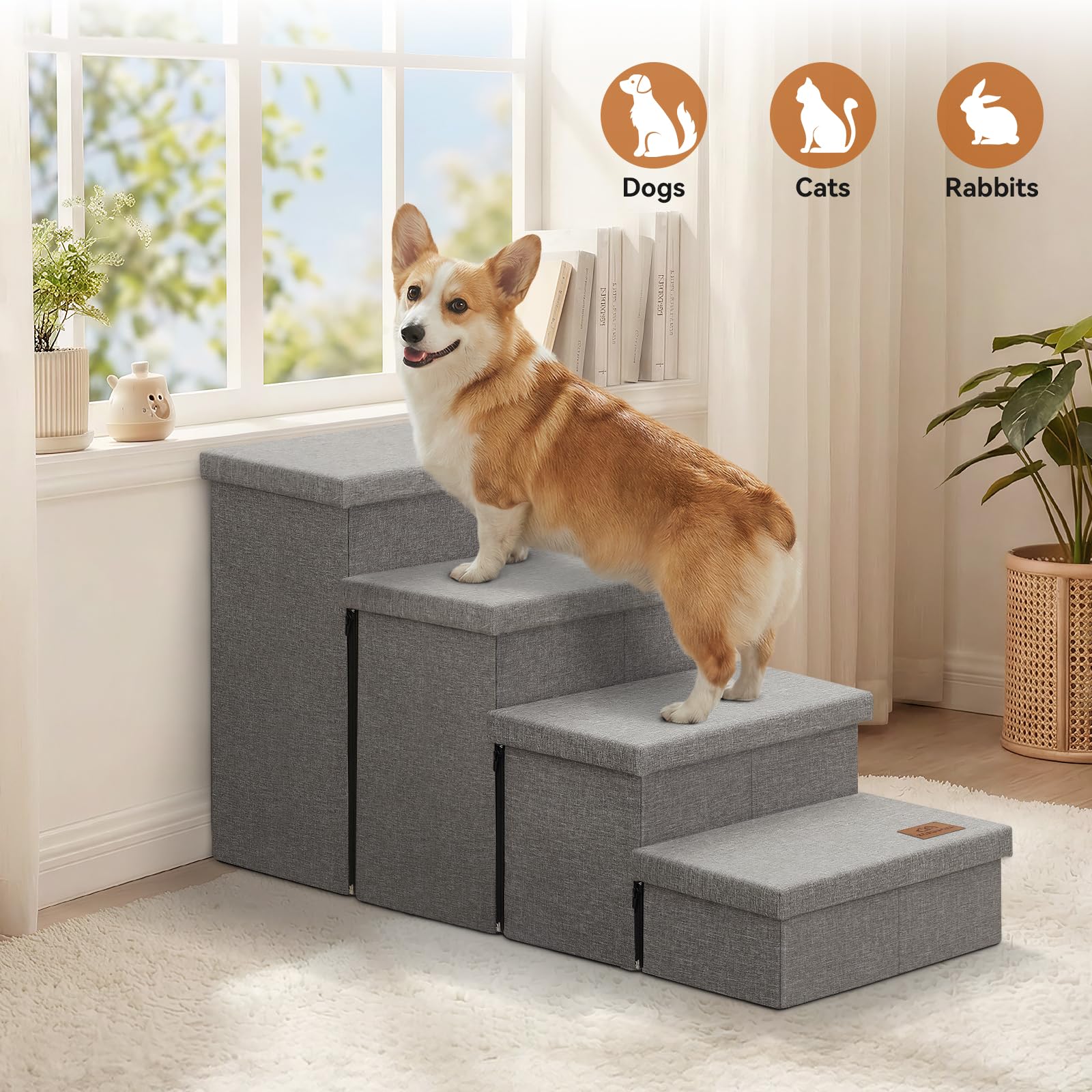 Zerbuger Dog Stairs with Condo 15" H, 2-Step Wider Dog Steps for Small/Medium/Large Old Dogs Cats, Folding Sturdy Storage Pet Stairs Climbing Bed Couch, Ramp for Car Hold Up to 150 lbs, Beige