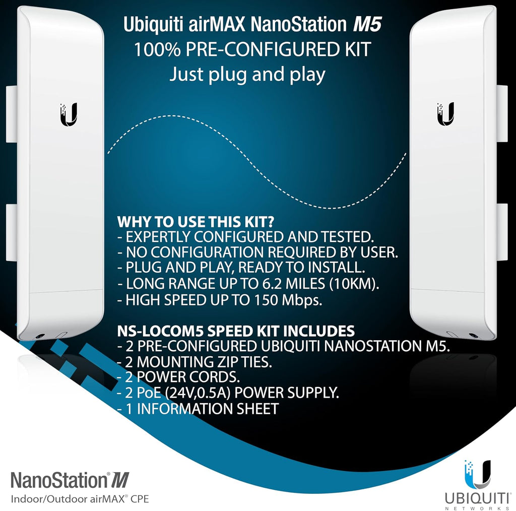 Wireless Bridge Ubiquiti NanoStation M5 PRE-CONFIGURED Bundle of 2 Ubiquiti airMAX NSM5-US, Point to Point Outdoor WiFi Bridge, Plugh and Play, 5GHz, 150+Mbps, 15+km Link Range, Network WiFi Bridge.