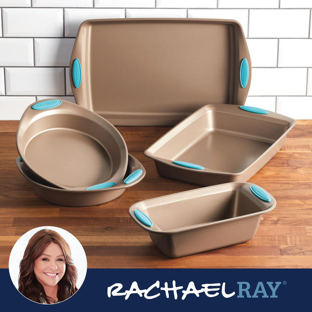 Rachael Ray Cucina Bakeware Set Includes Nonstick Cake Cookie Baking Sheet and Muffin Cupcake Pan, 4 Piece, Latte Brown with Agave Blue Grips