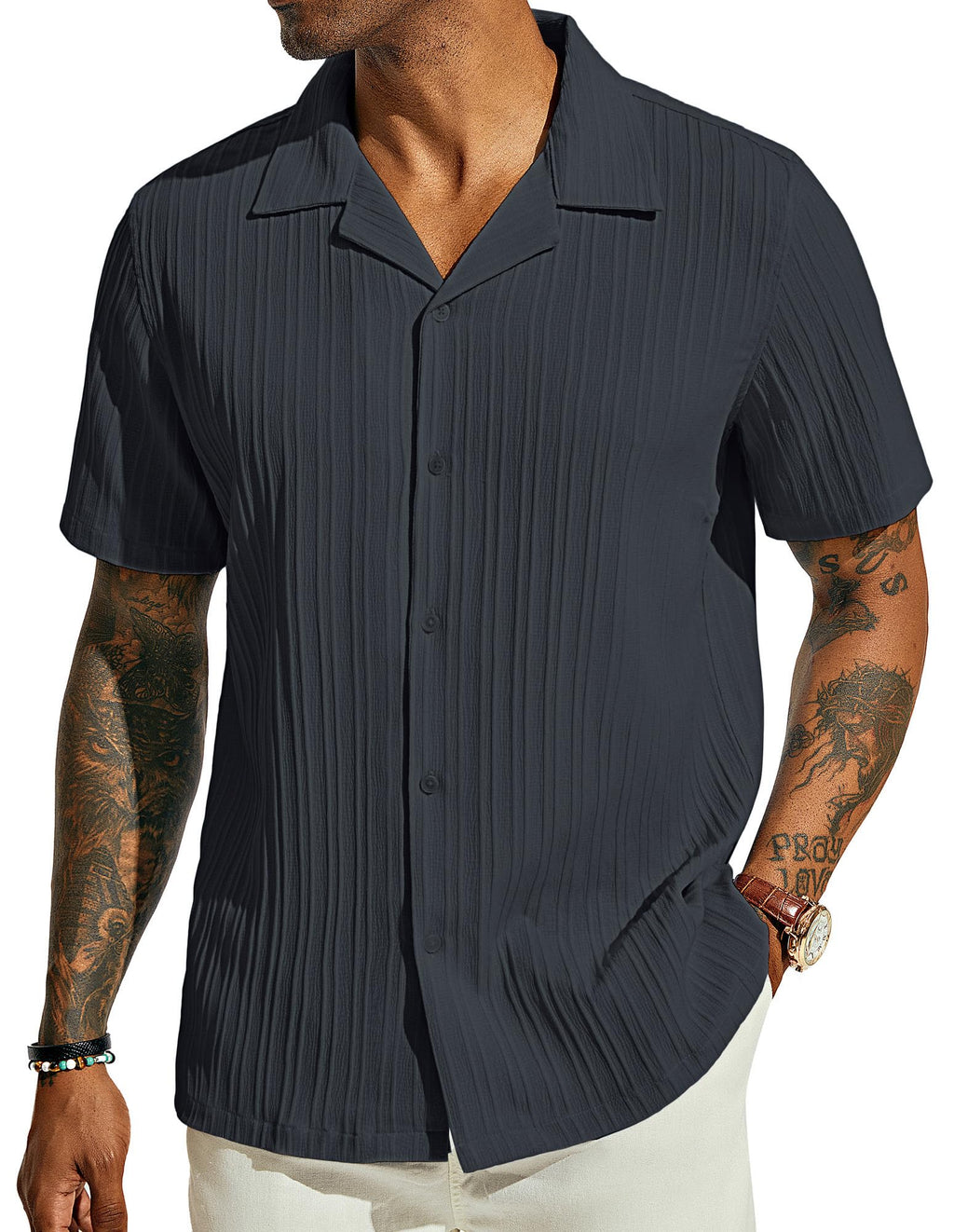 PJ PAUL JONES Men's Casual Button Down Shirts - Short Sleeve Summer Textured Beach Wrinkle-Free Shirts