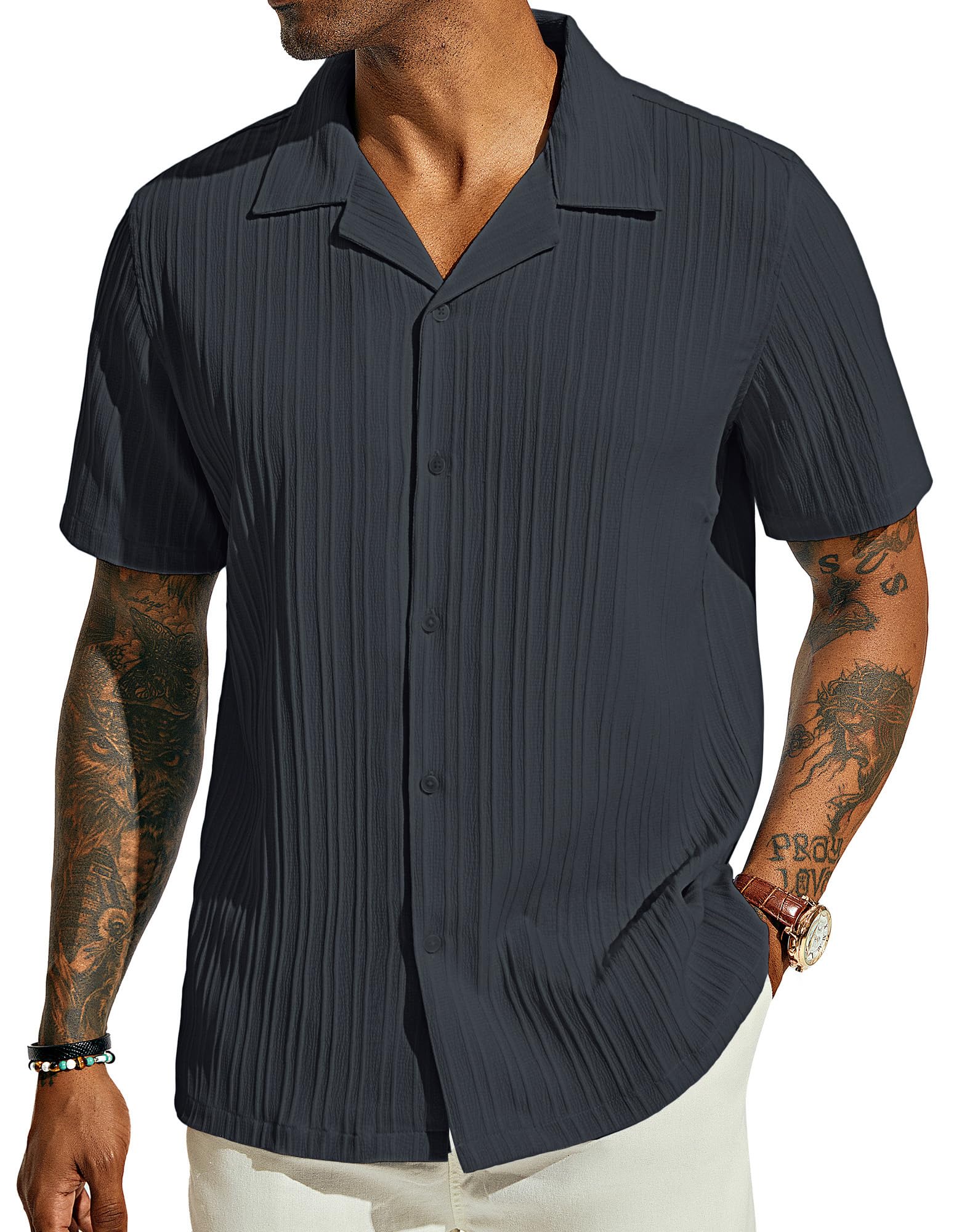 PJ PAUL JONES Men's Casual Button Down Shirts - Short Sleeve Summer Textured Beach Wrinkle-Free Shirts