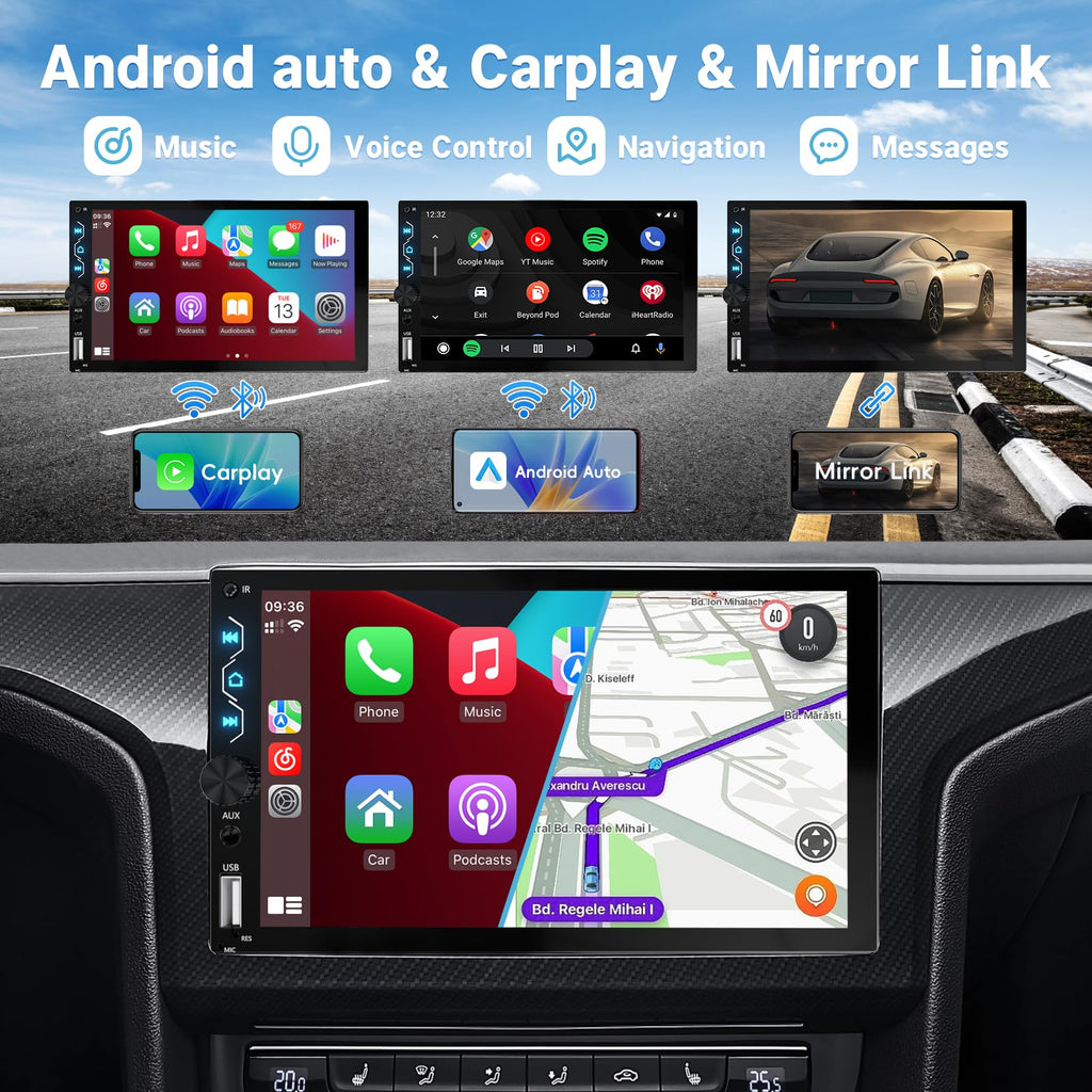 Leadfan Double Din Car Stereo with Dash Cam,7 Inch Full HD Touchscreen Car Audio Receiver Support Carplay and Android Auto,Car Stereo with Bluetooth,Mirror Link,Backup Camera,FM/USB/AUX/Subwoofer