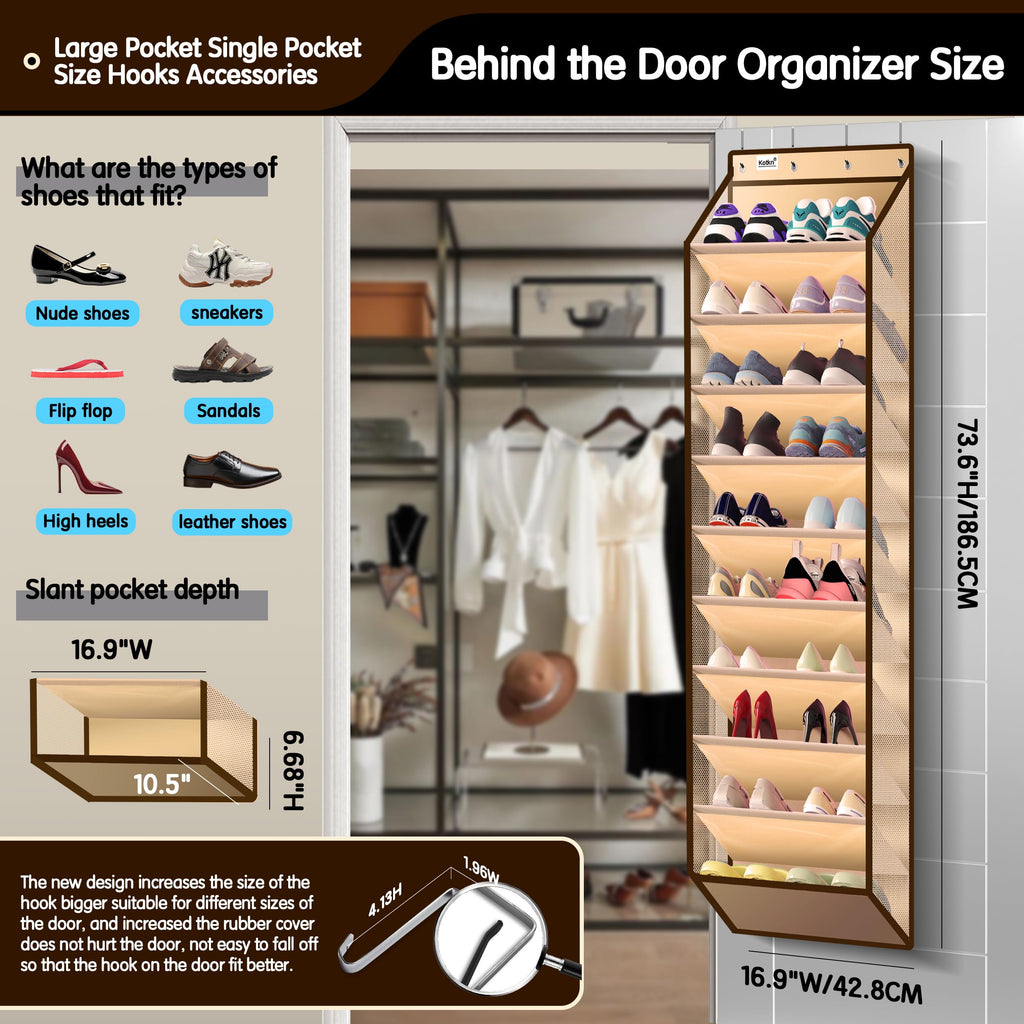 Kotkn 10 Tier Over The Door Organizer - Heavy Duty Hanging Storage Rack with Sturdy Oxford Fabric, Holds 20+ Pairs of Footwear, Boots & Sneakers, Saves 50% Closet Space(Beige)