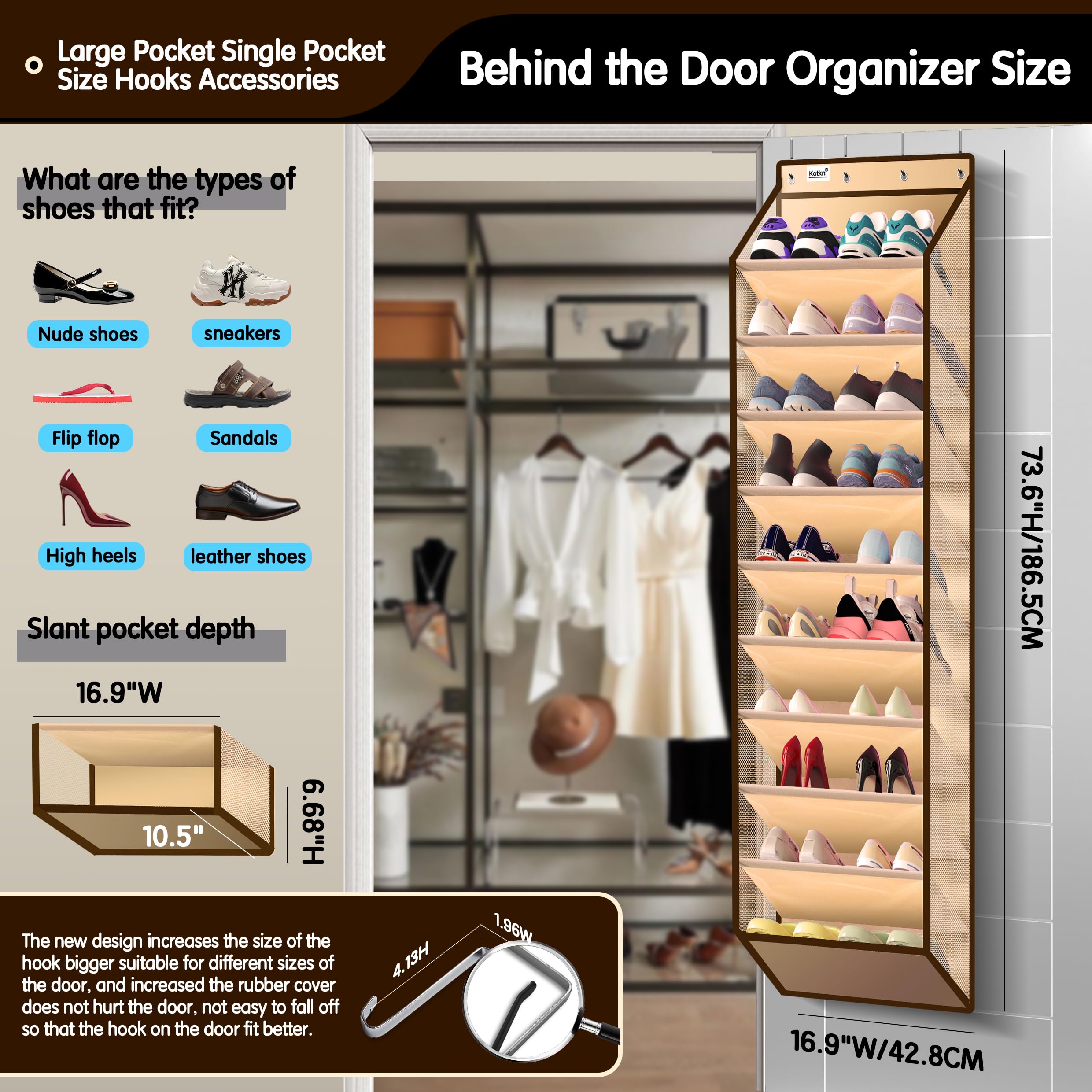 Kotkn 10 Tier Over The Door Organizer - Heavy Duty Hanging Storage Rack with Sturdy Oxford Fabric, Holds 20+ Pairs of Footwear, Boots & Sneakers, Saves 50% Closet Space(Beige)