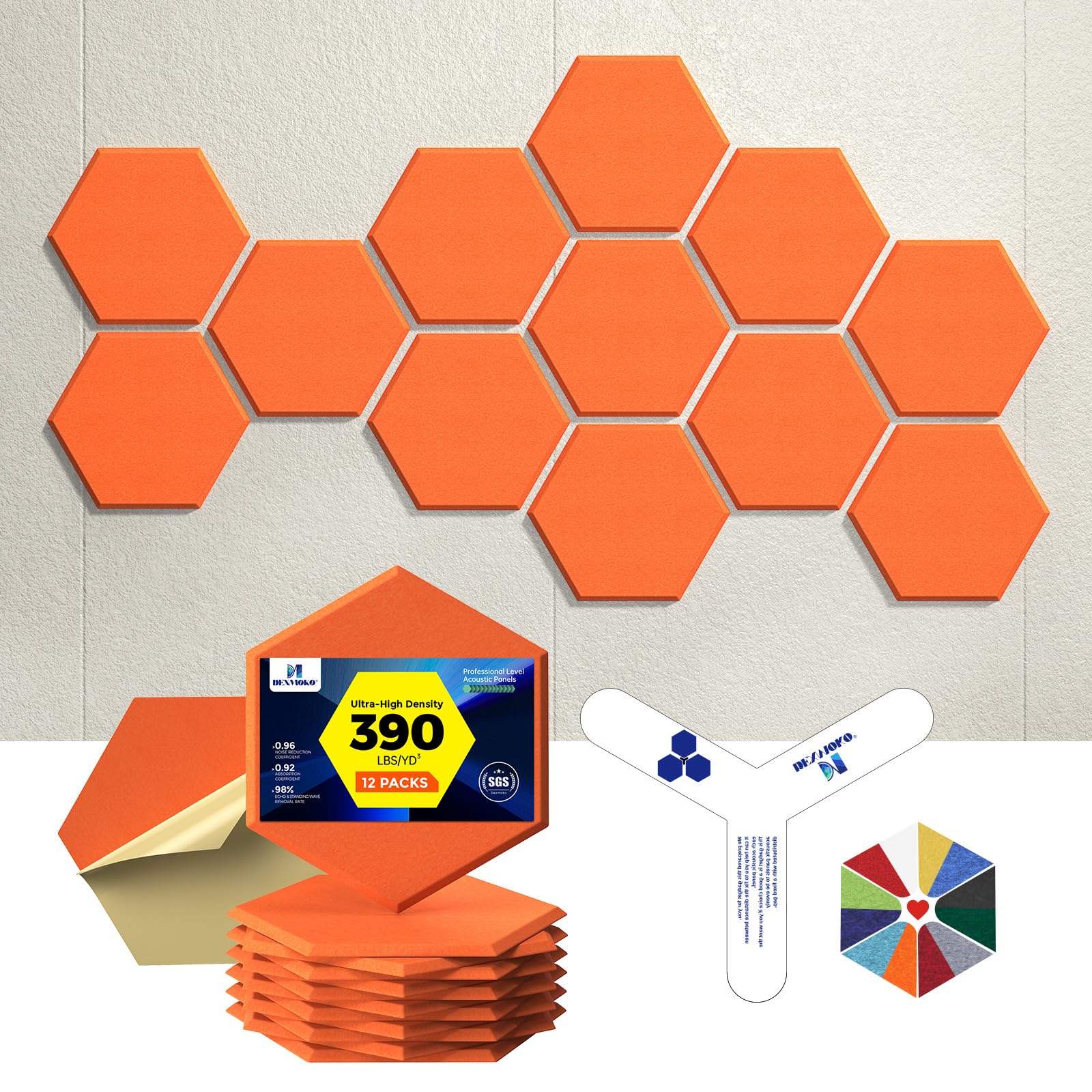 Self-Adhesive Acoustic Panels [390 lbs/yd³ Ultra-High Density], 2nd Generation Sound Absorbing Panel, Professional Level Sound Panel, Polyester Soundproof Foam [Medium Hexagon, Beige]