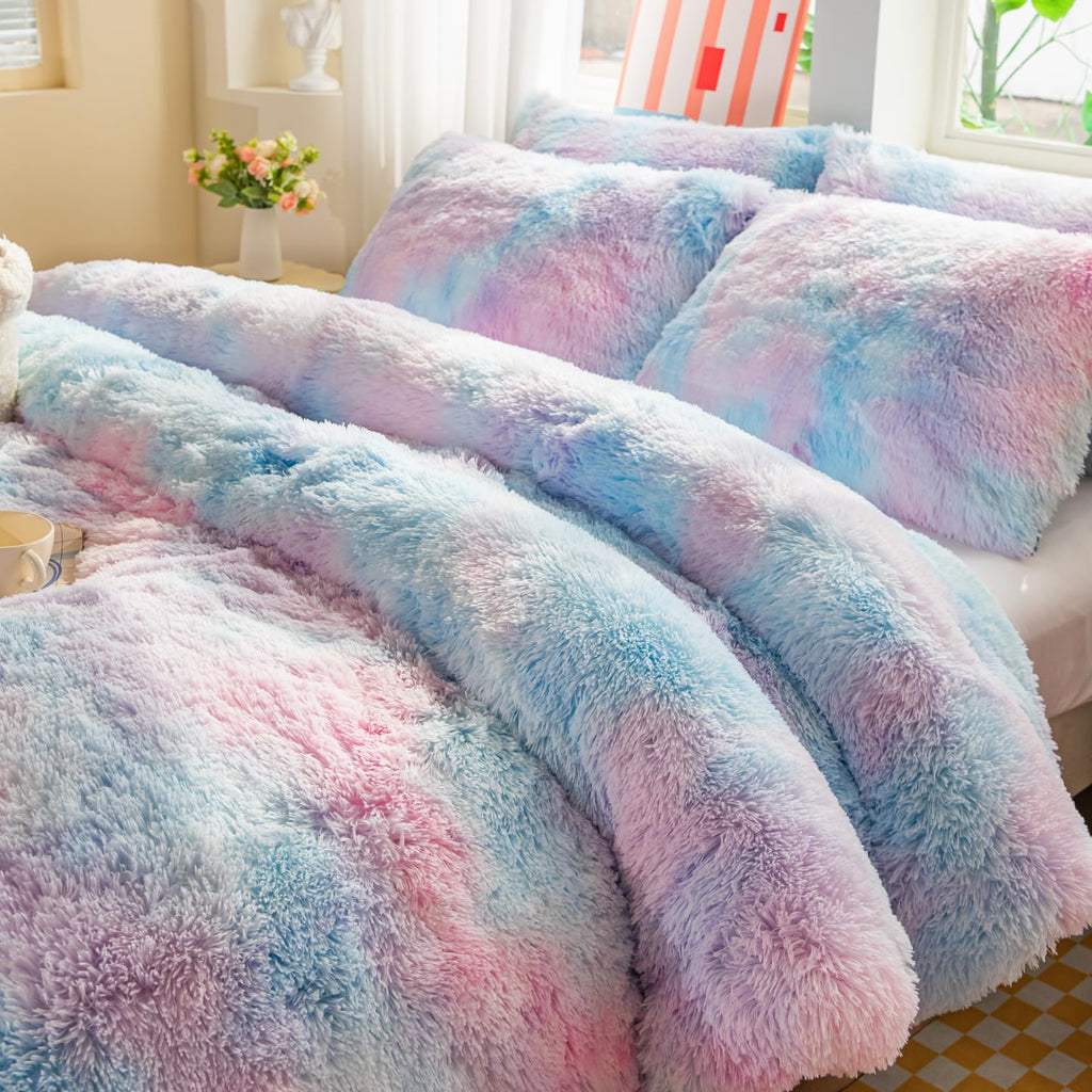 Faux Fur Kids Girls Purple Rainbow Comforter Sets Twin/Full - 3PC Bed Set Warm Comfortable Soft Plush Flannel Velvet Fluffy Fuzzy Bedding（Comforter x 1 Pillowcases x 2）