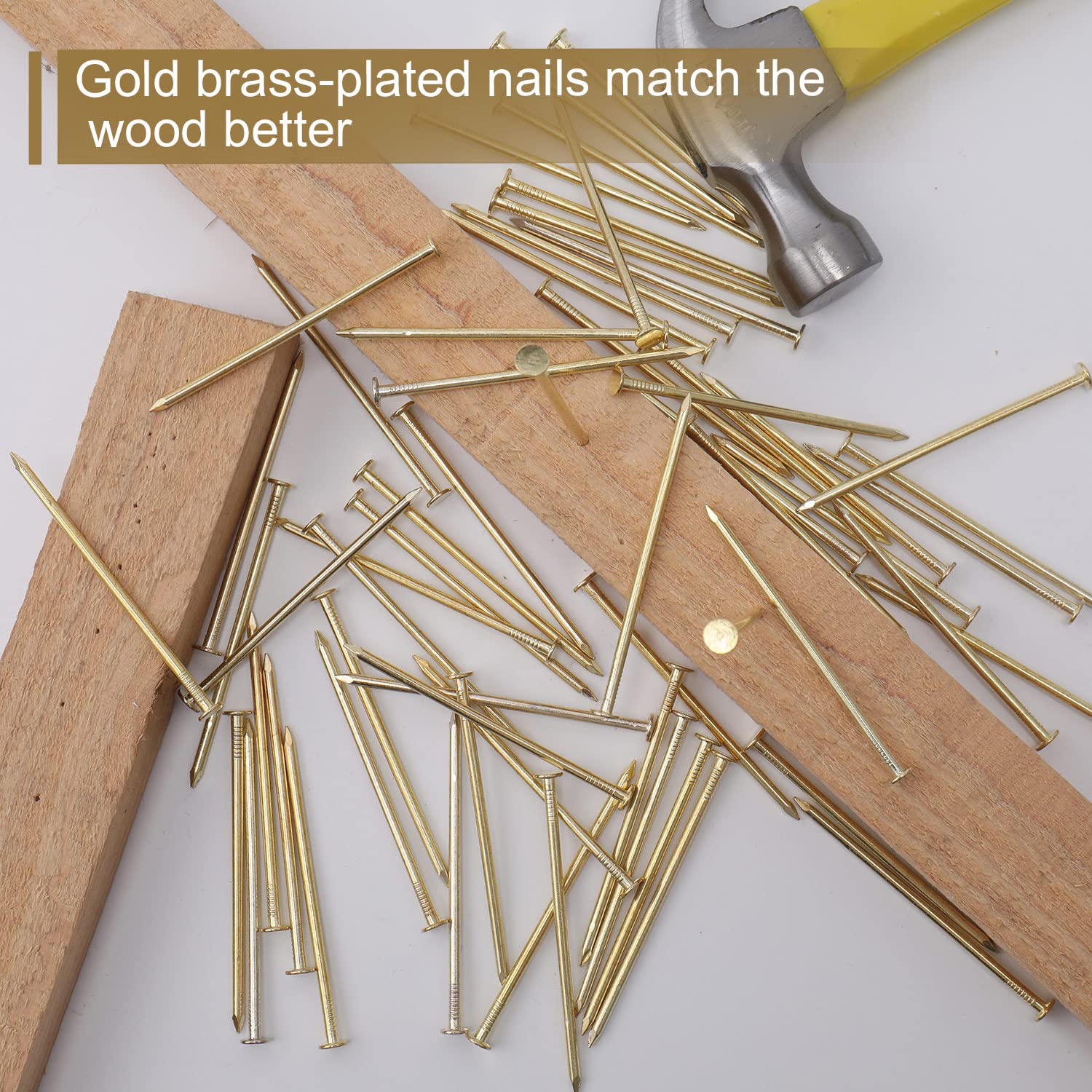 240pcs Gold Hardware Nails, 1-1/2” × 14 Ga Brass Plated Wood Nails, Nails for Hanging Wall Decor, Finishing Nails, Picture Hanging Nails, Wall Nails, Roofing Nails