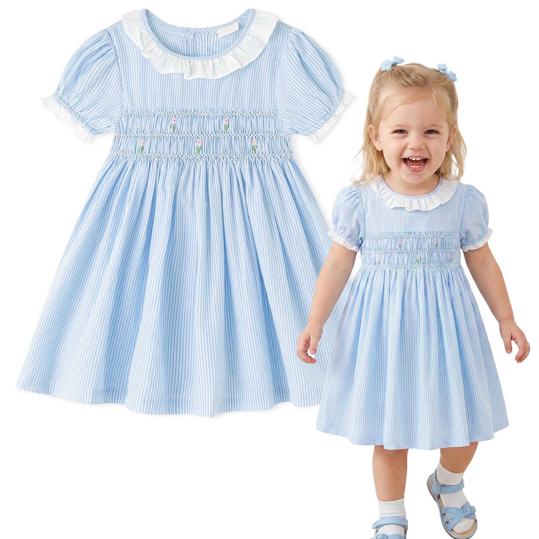 Simplee kids Baby Girl Smocked Dress Summer Casual Short Sleeve Dresses Floral Print Sundress Princess Dress for Toddlers