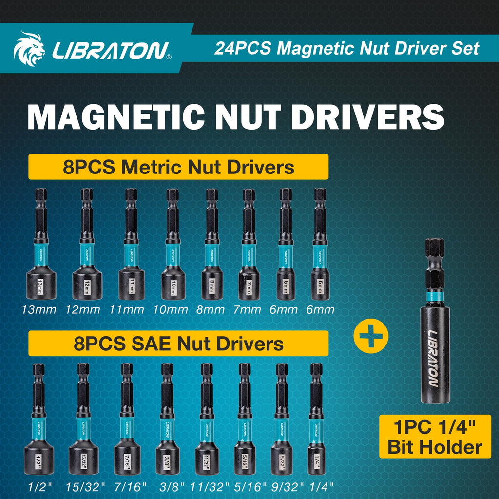 LIBRATON 24PCS Magnetic Nut Driver Set, Impact Drill Driver Bit Set 1/4", Metric and SAE Nut Drivers for Impact Drill, Impact Socket Adapters, Screwdriver Bits, Bit Holder, with Black Phosphating