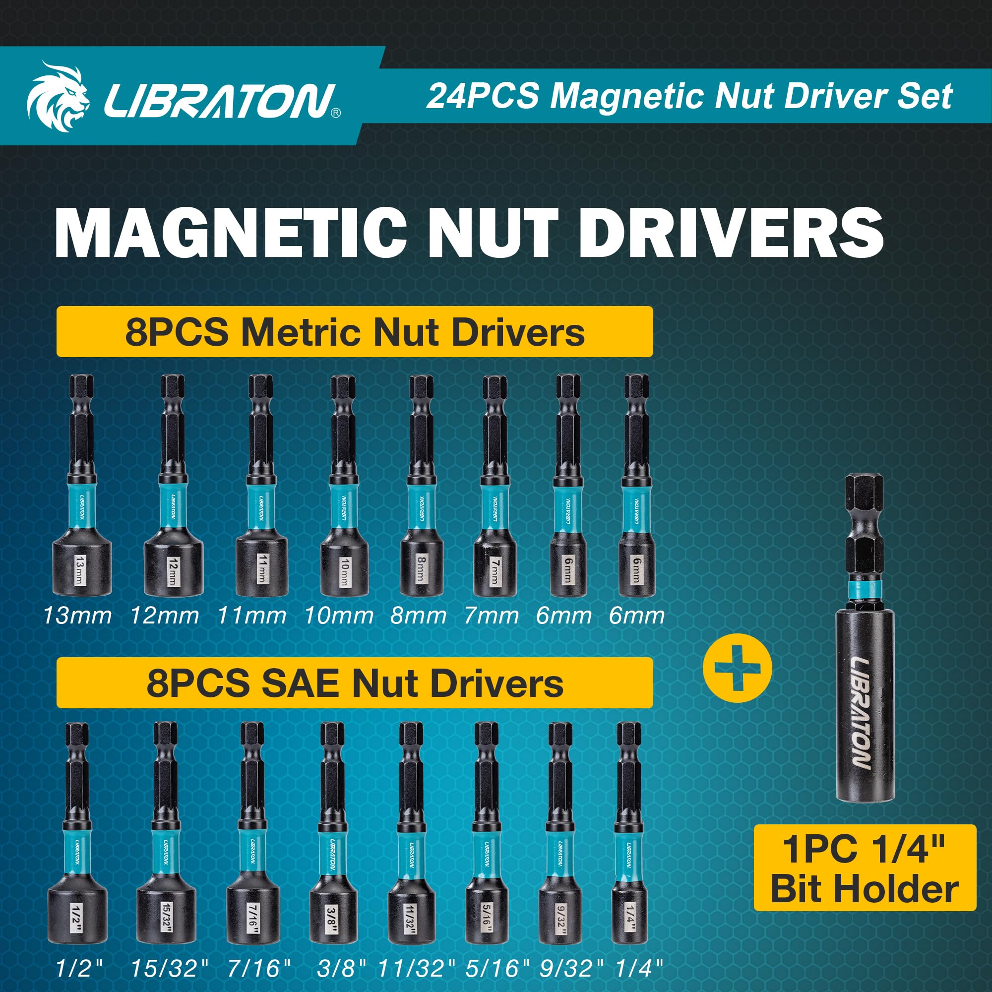 LIBRATON 24PCS Magnetic Nut Driver Set, Impact Drill Driver Bit Set 1/4", Metric and SAE Nut Drivers for Impact Drill, Impact Socket Adapters, Screwdriver Bits, Bit Holder, with Black Phosphating